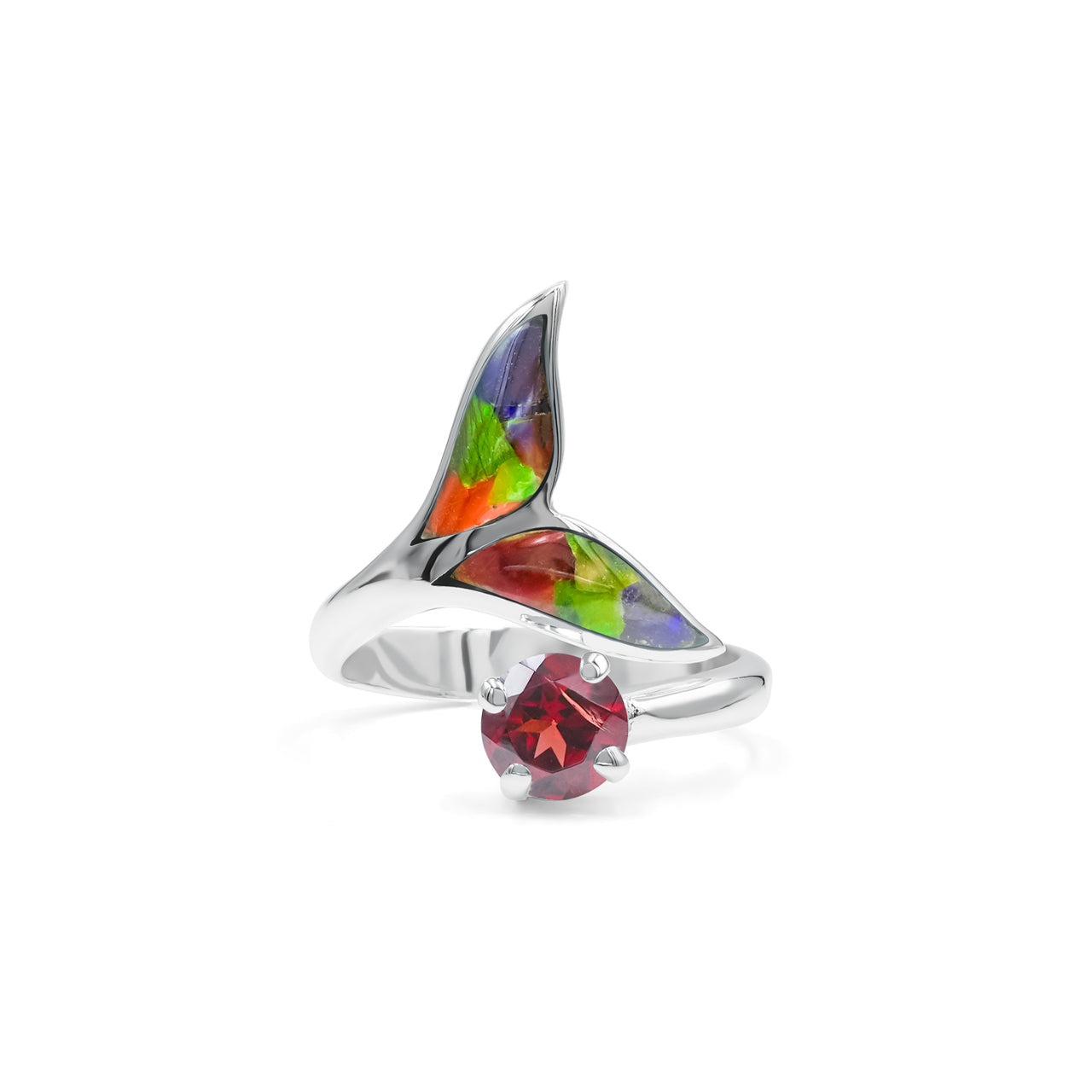 Starborn Ammolite Inlay & Faceted Garnet Whale Tail Wrap Ring in Sterling Silver
