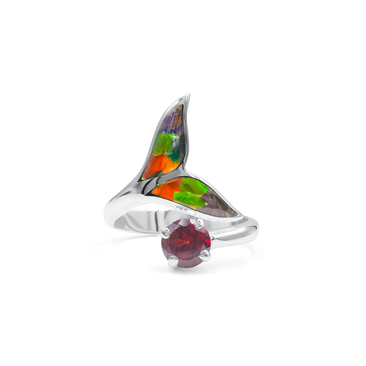 Starborn Ammolite Inlay & Faceted Garnet Whale Tail Wrap Ring in Sterling Silver