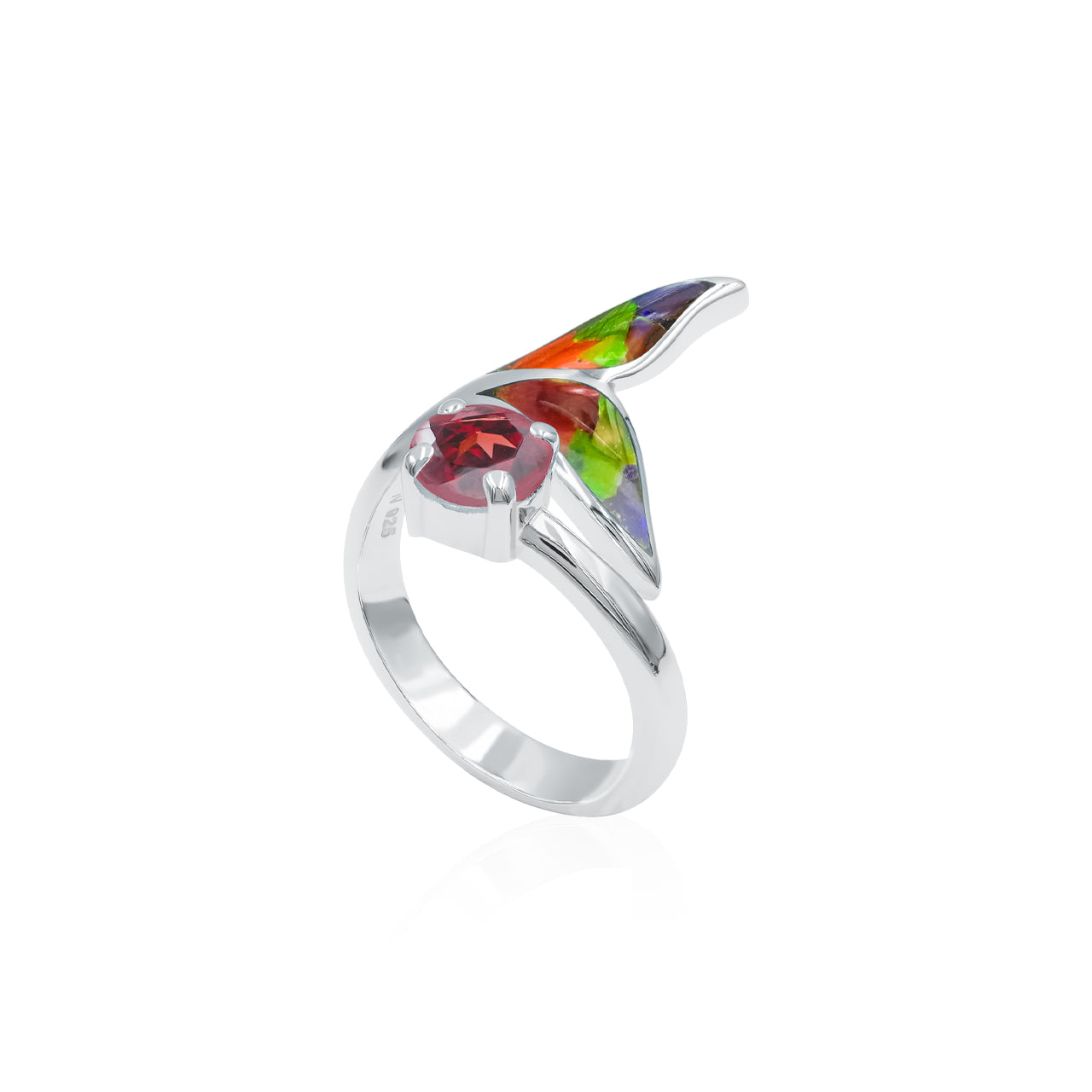 Starborn Ammolite Inlay & Faceted Garnet Whale Tail Wrap Ring in Sterling Silver