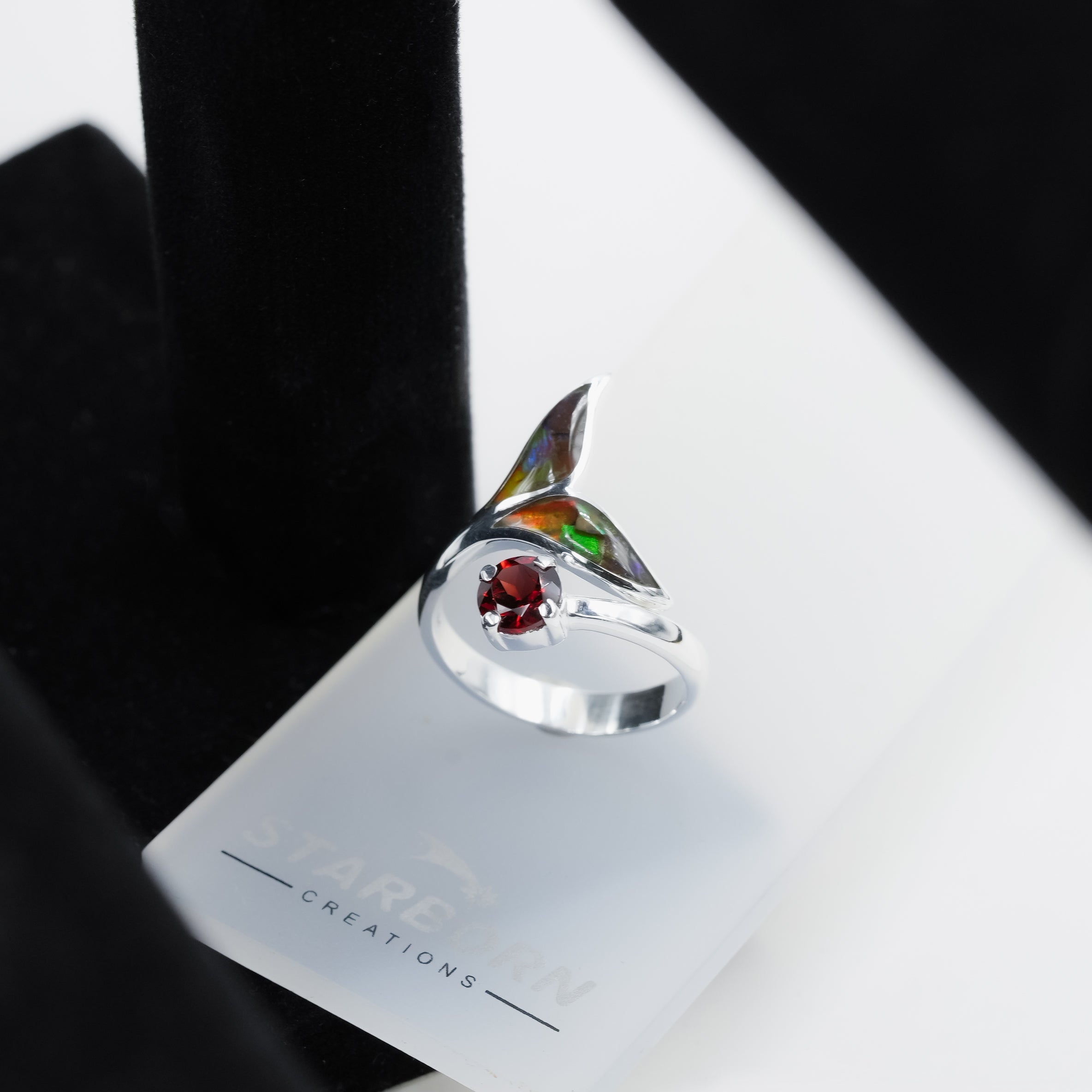 Starborn Ammolite Inlay & Faceted Garnet Whale Tail Wrap Ring in Sterling Silver