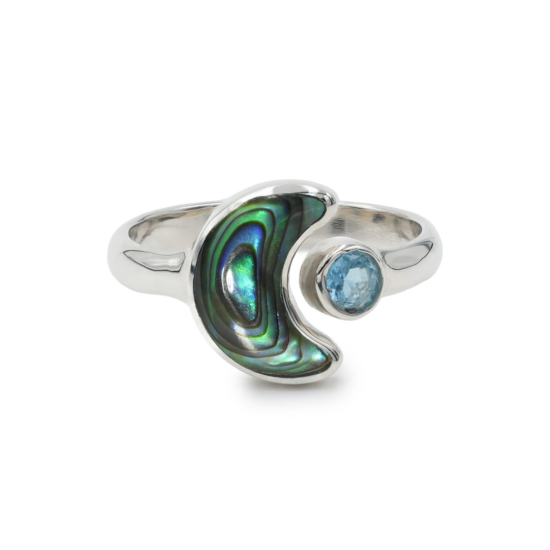 Starborn Abalone Shell Crescent Moon Ring with Faceted Blue Topaz Accent in Sterling Silver