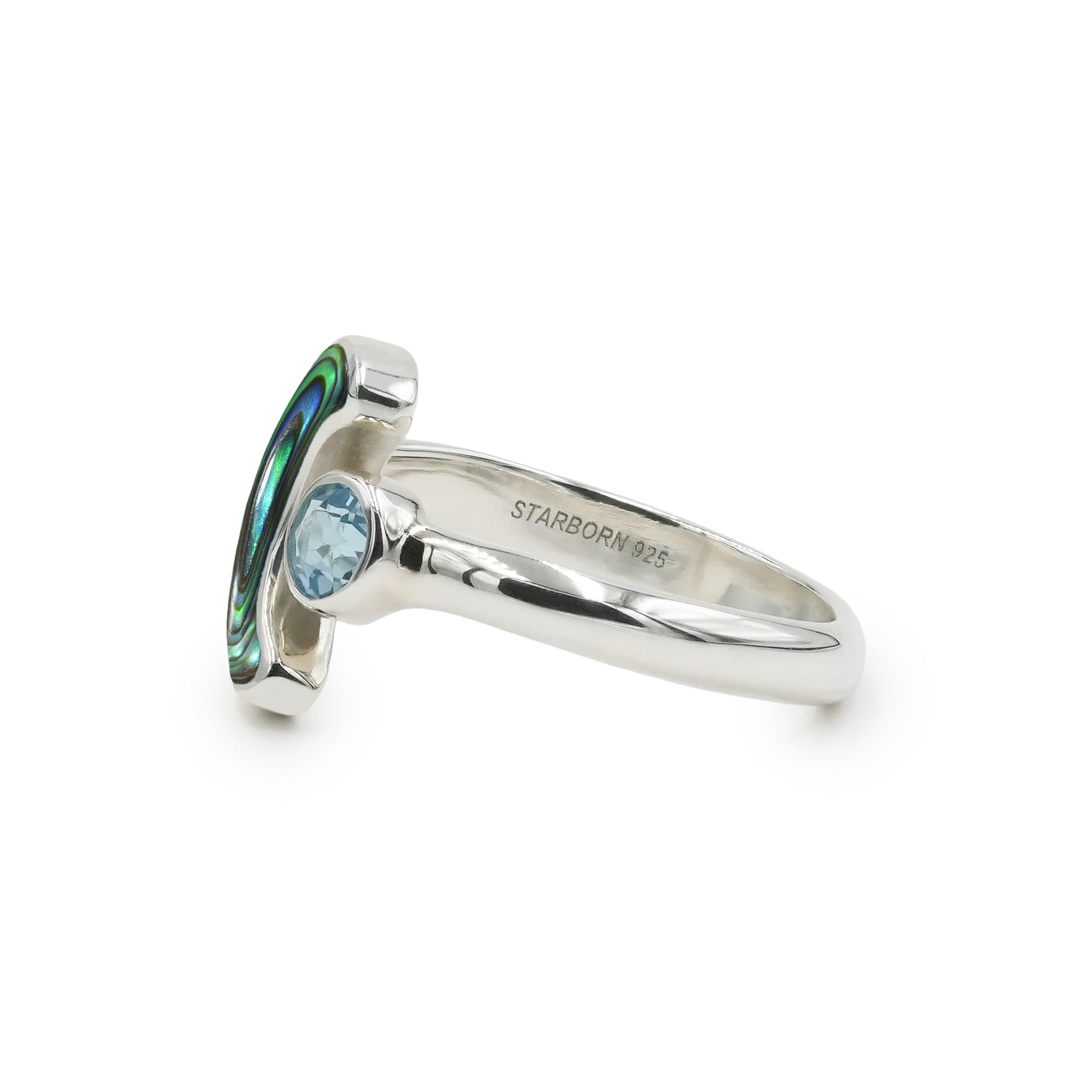 Starborn Abalone Shell Crescent Moon Ring with Faceted Blue Topaz Accent in Sterling Silver