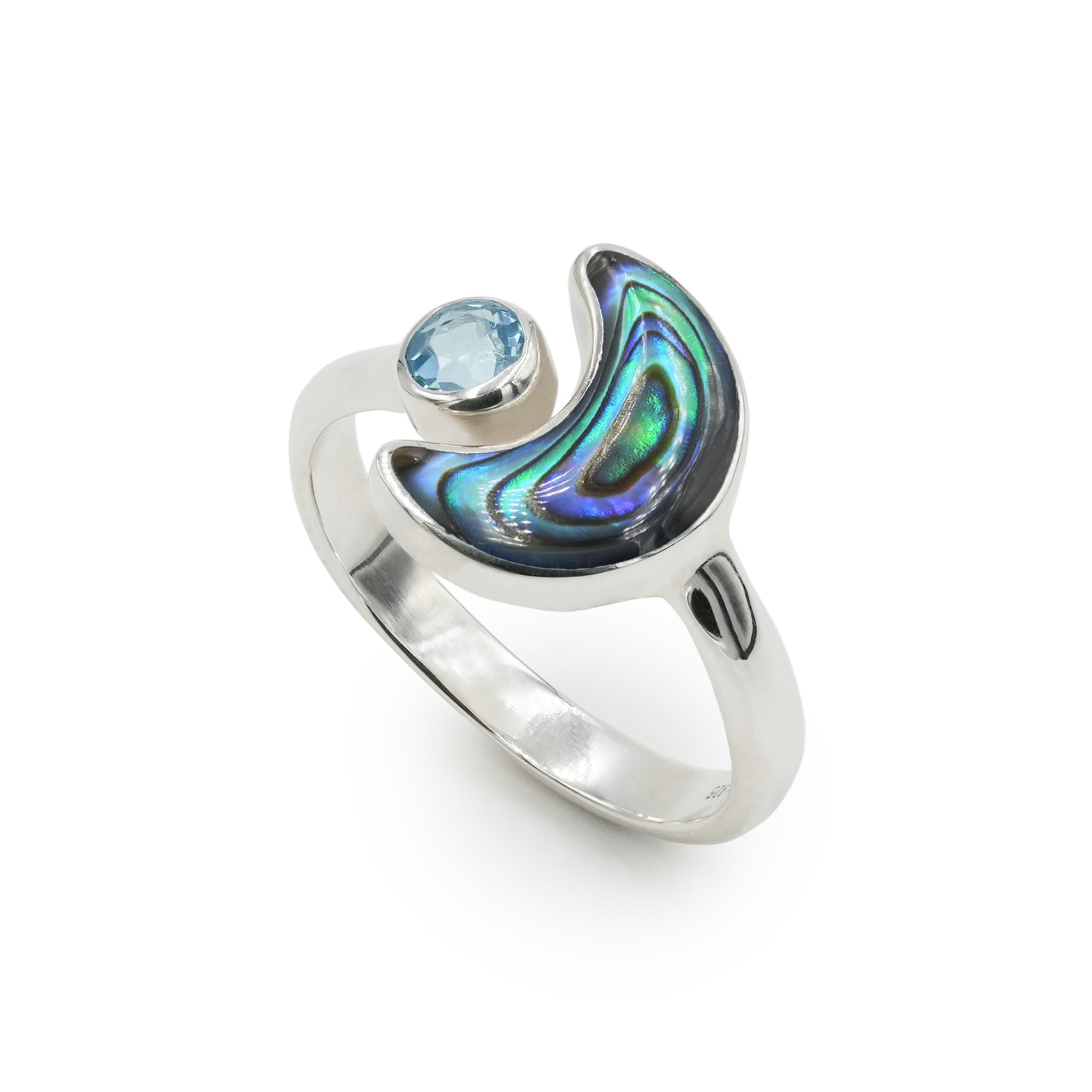 Starborn Abalone Shell Crescent Moon Ring with Faceted Blue Topaz Accent in Sterling Silver