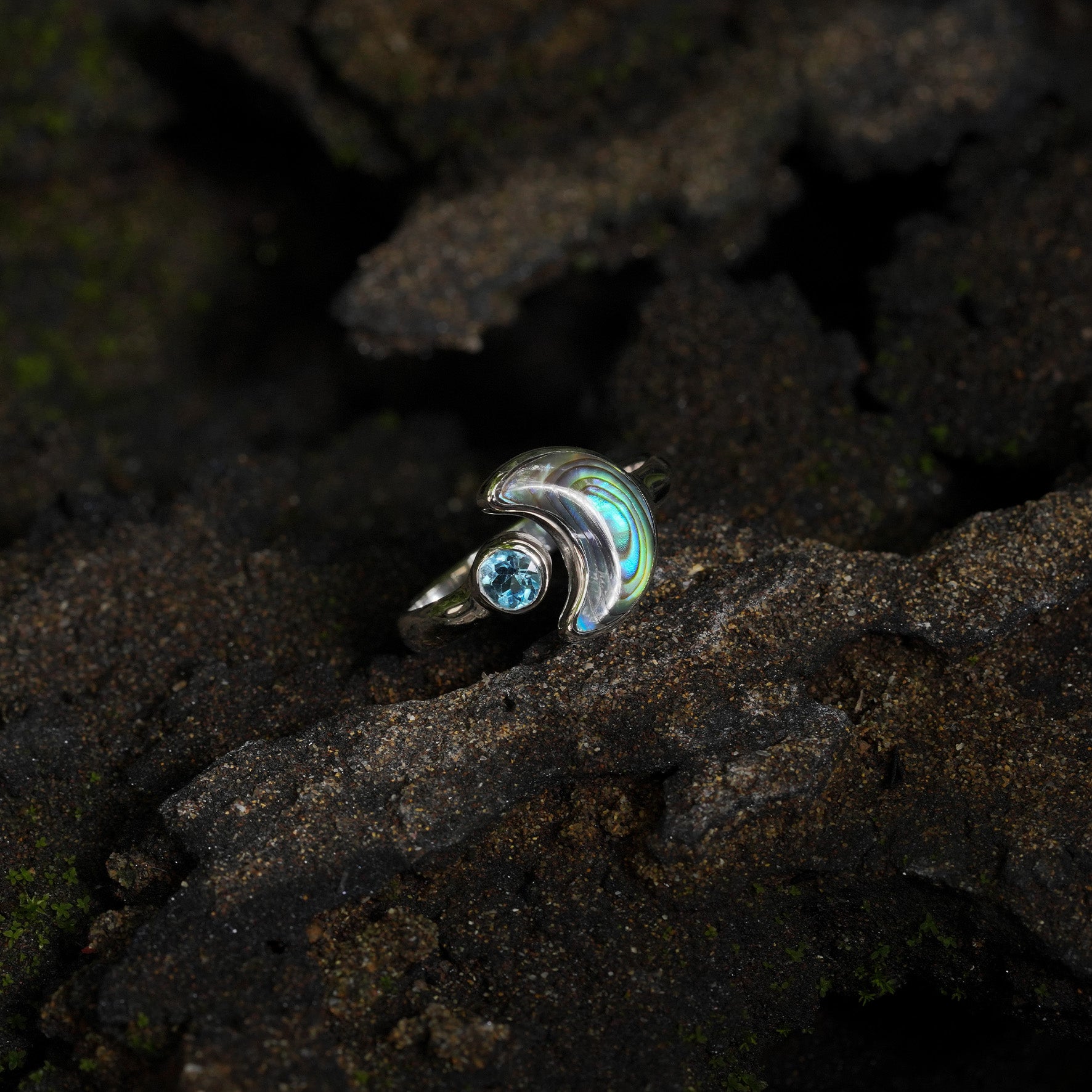 Starborn Abalone Shell Crescent Moon Ring with Faceted Blue Topaz Accent in Sterling Silver