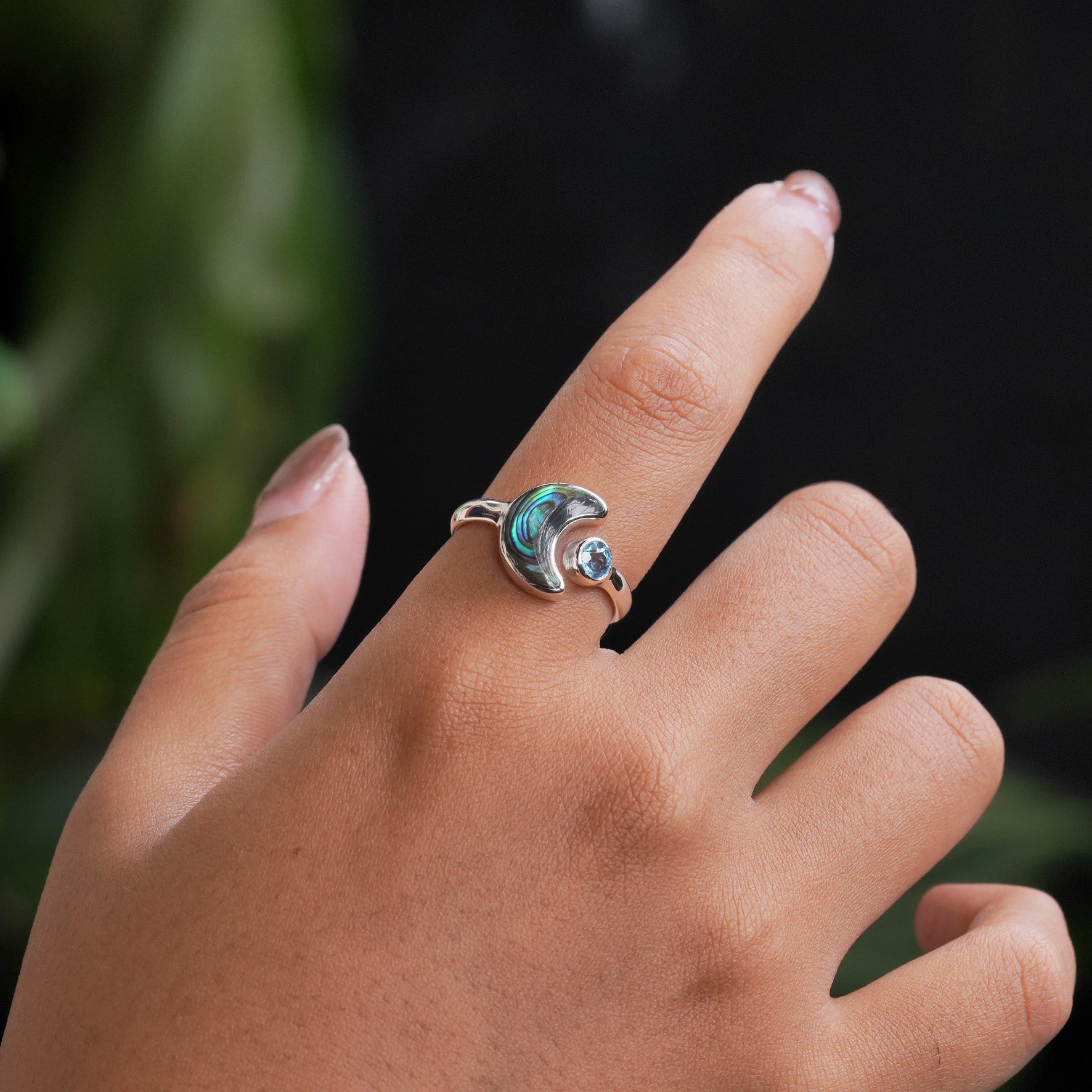 Starborn Abalone Shell Crescent Moon Ring with Faceted Blue Topaz Accent in Sterling Silver
