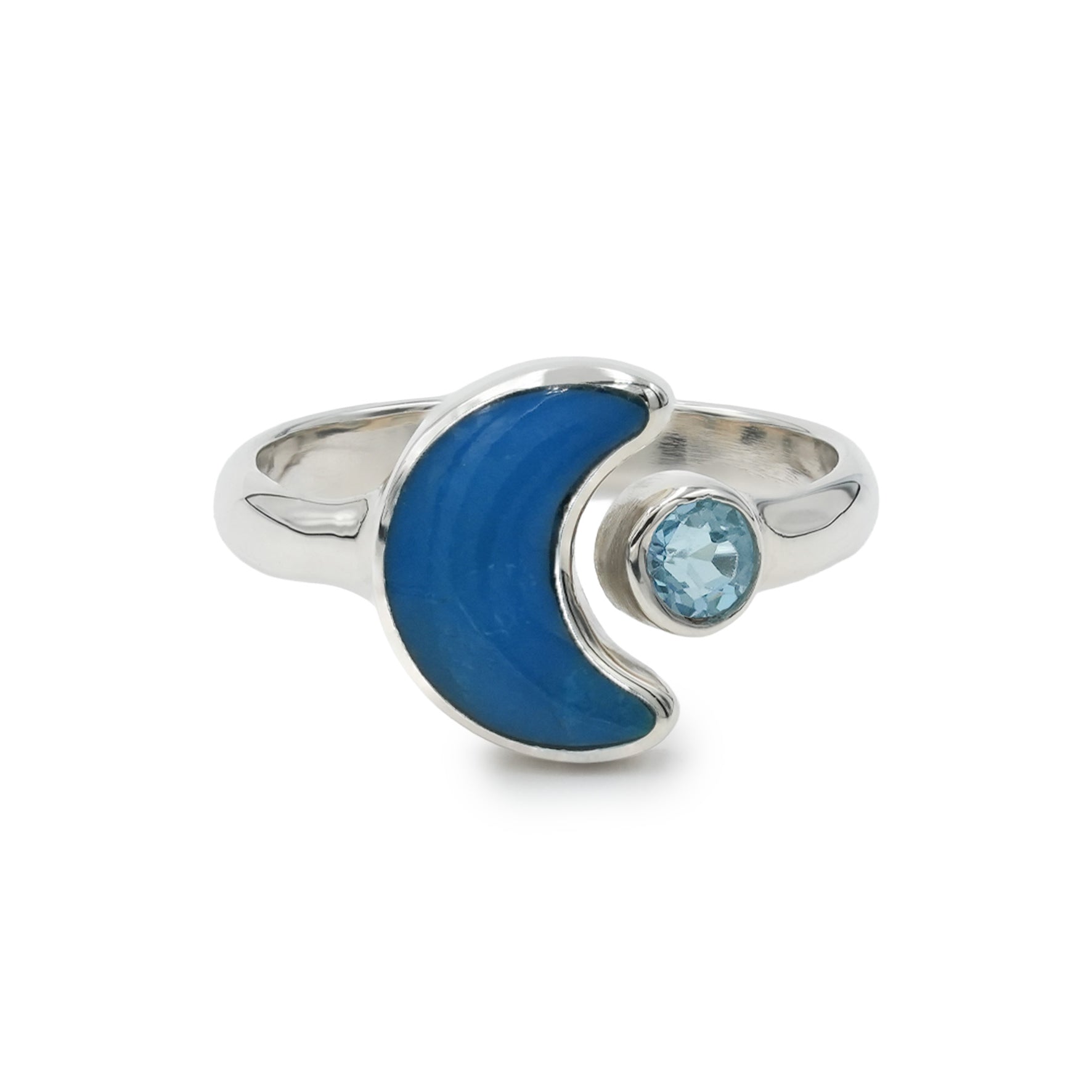 Starborn Peruvian Blue Opal Crescent Moon Ring with Faceted Blue Topaz Accent in Sterling Silver