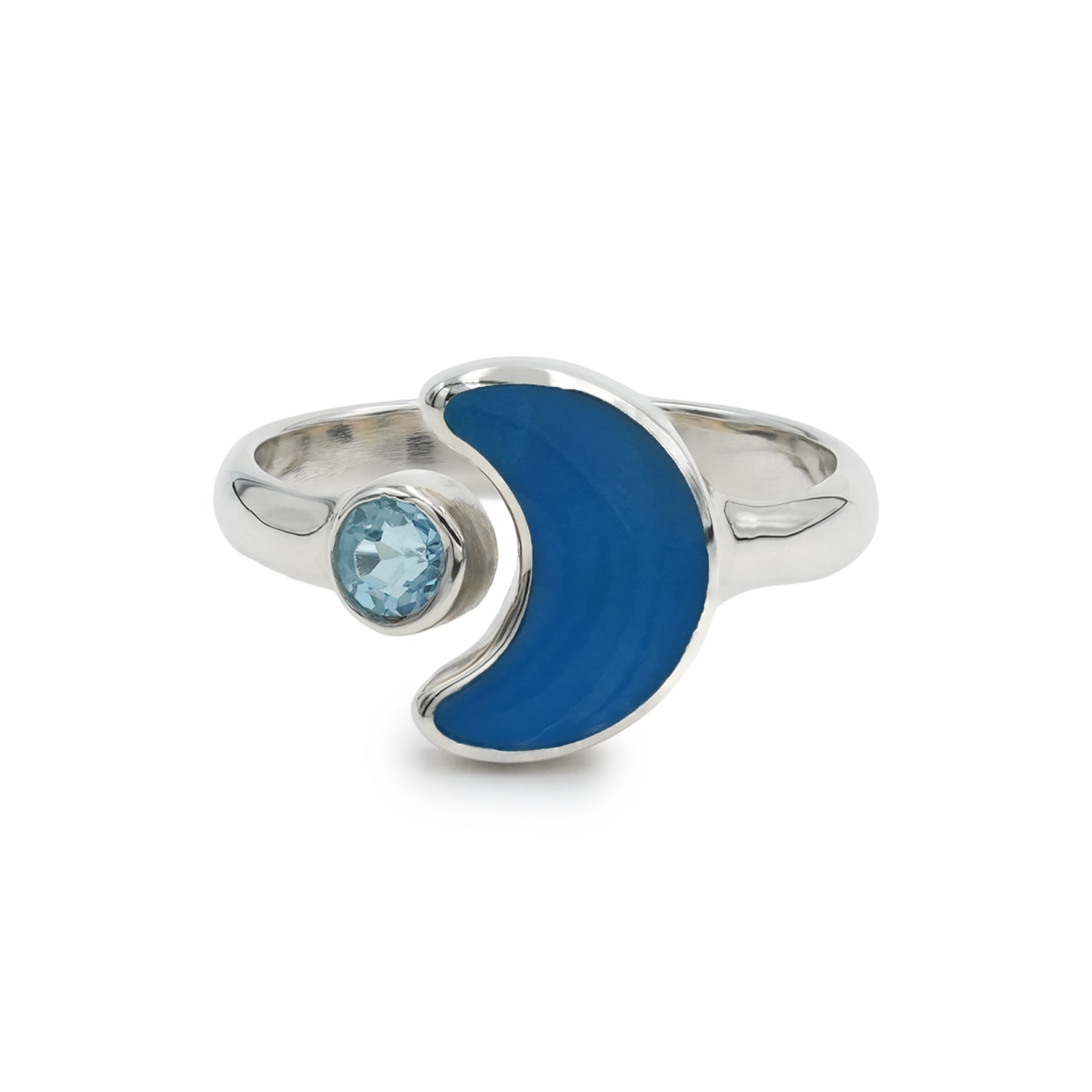 Starborn Peruvian Blue Opal Crescent Moon Ring with Faceted Blue Topaz Accent in Sterling Silver