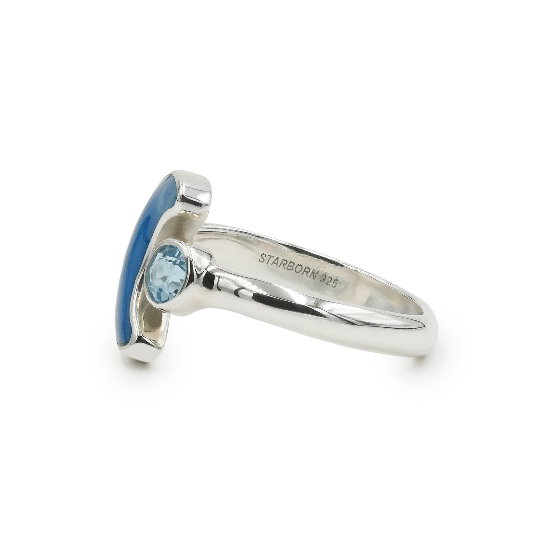 Starborn Peruvian Blue Opal Crescent Moon Ring with Faceted Blue Topaz Accent in Sterling Silver