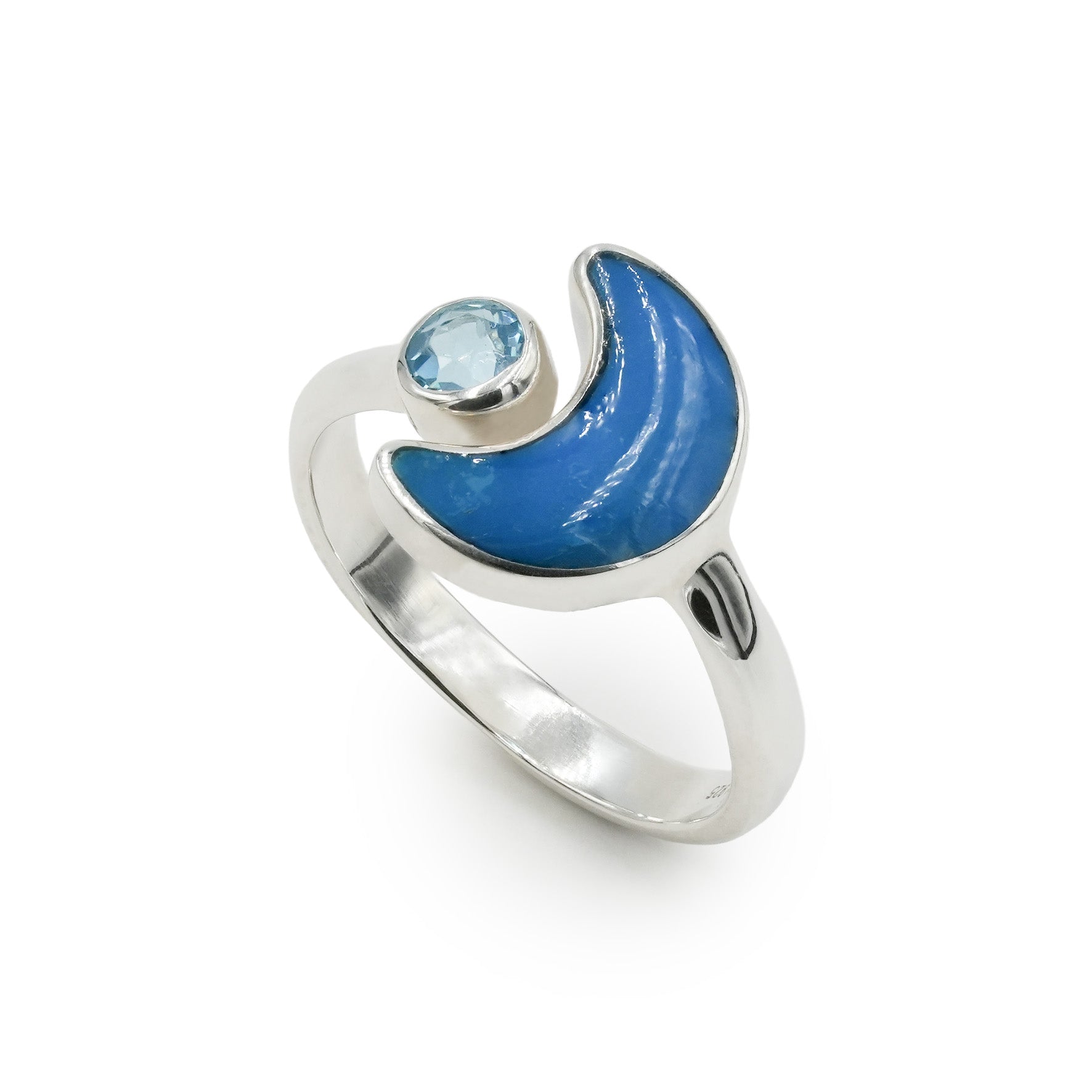Starborn Peruvian Blue Opal Crescent Moon Ring with Faceted Blue Topaz Accent in Sterling Silver