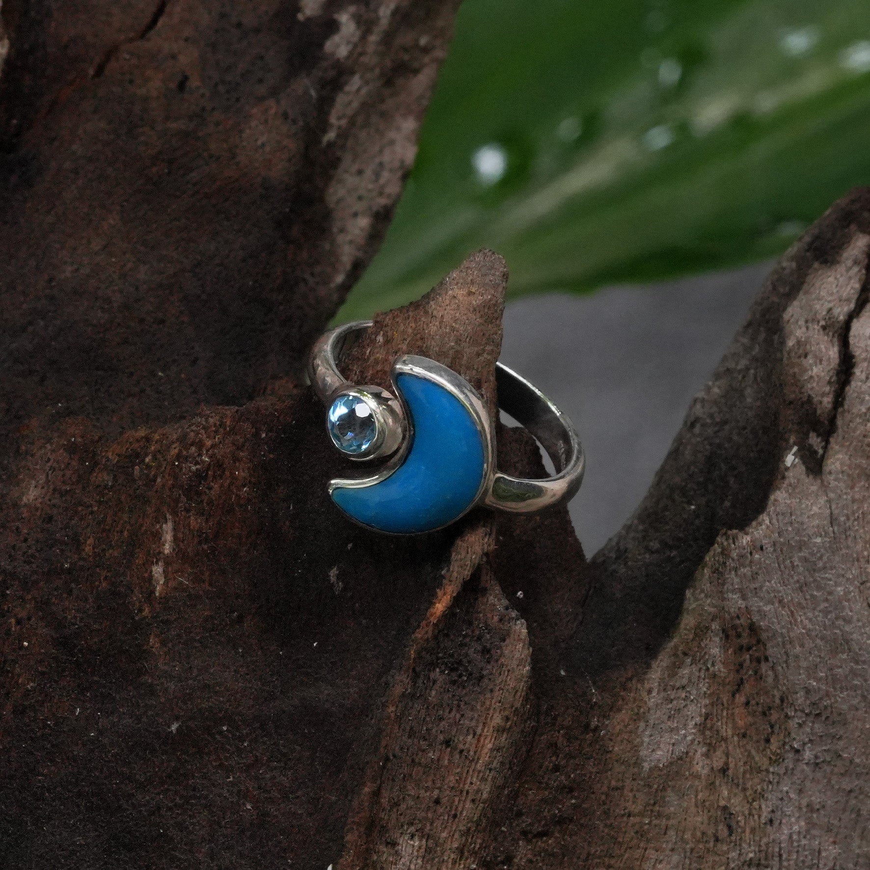 Starborn Peruvian Blue Opal Crescent Moon Ring with Faceted Blue Topaz Accent in Sterling Silver