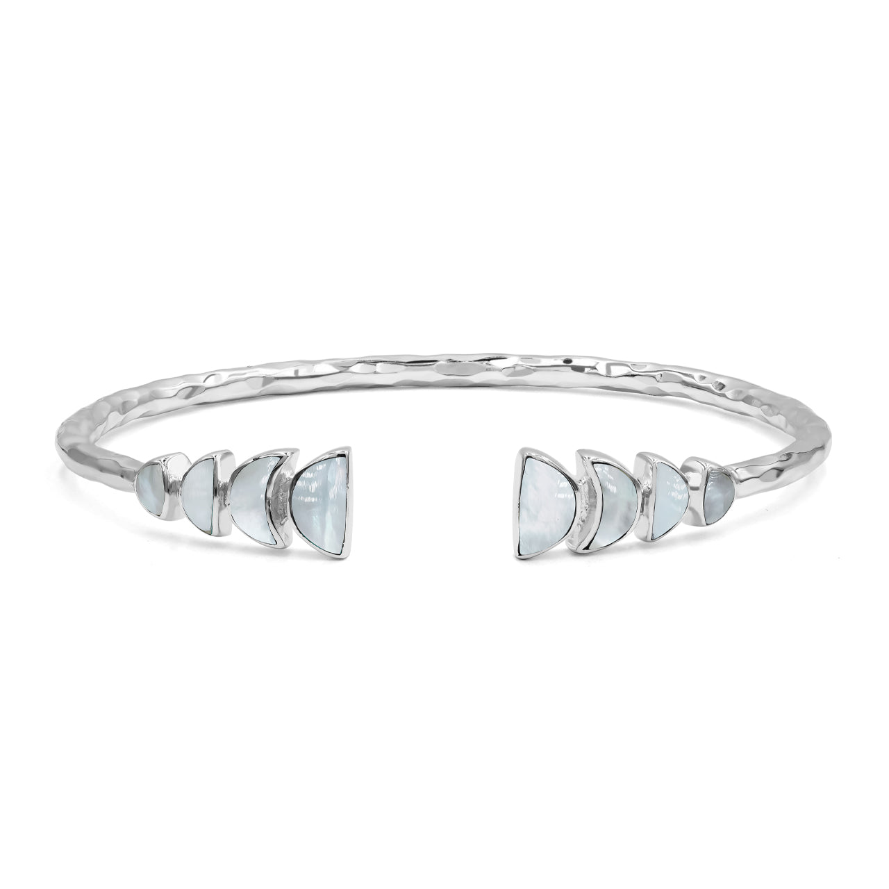 Starborn Mother of Pearl with Partial Lunar Eclipse Design Open Bangle Bracelet in Sterling Silver