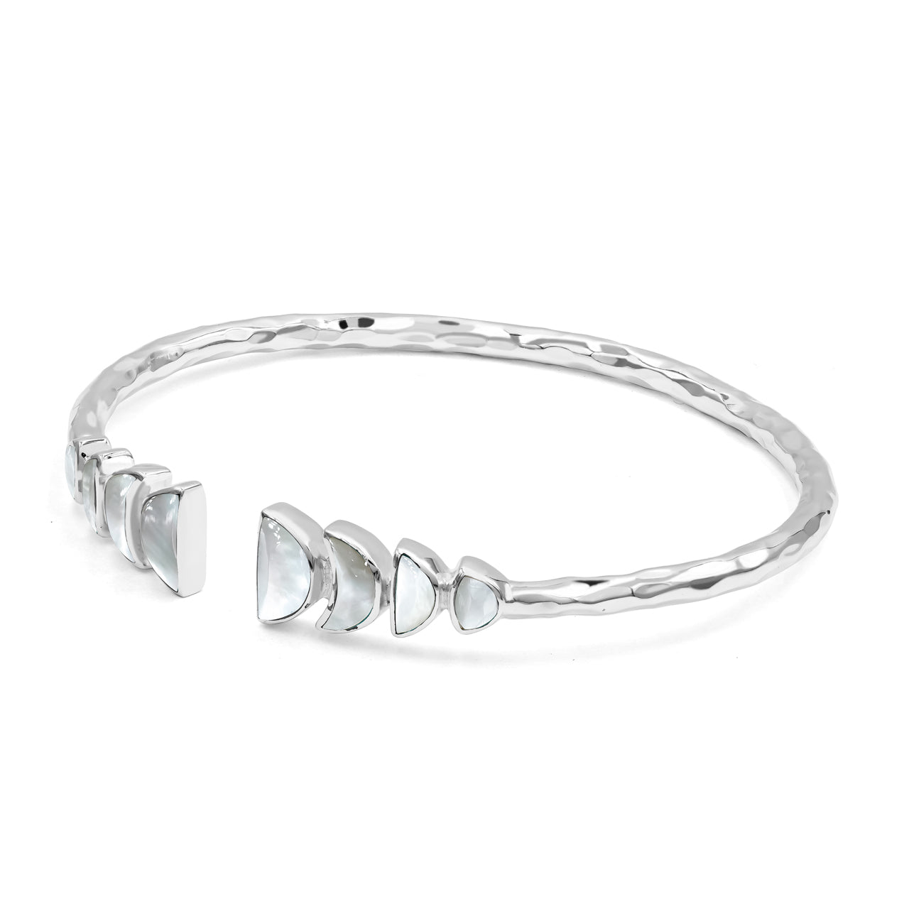 Starborn Mother of Pearl with Partial Lunar Eclipse Design Open Bangle Bracelet in Sterling Silver