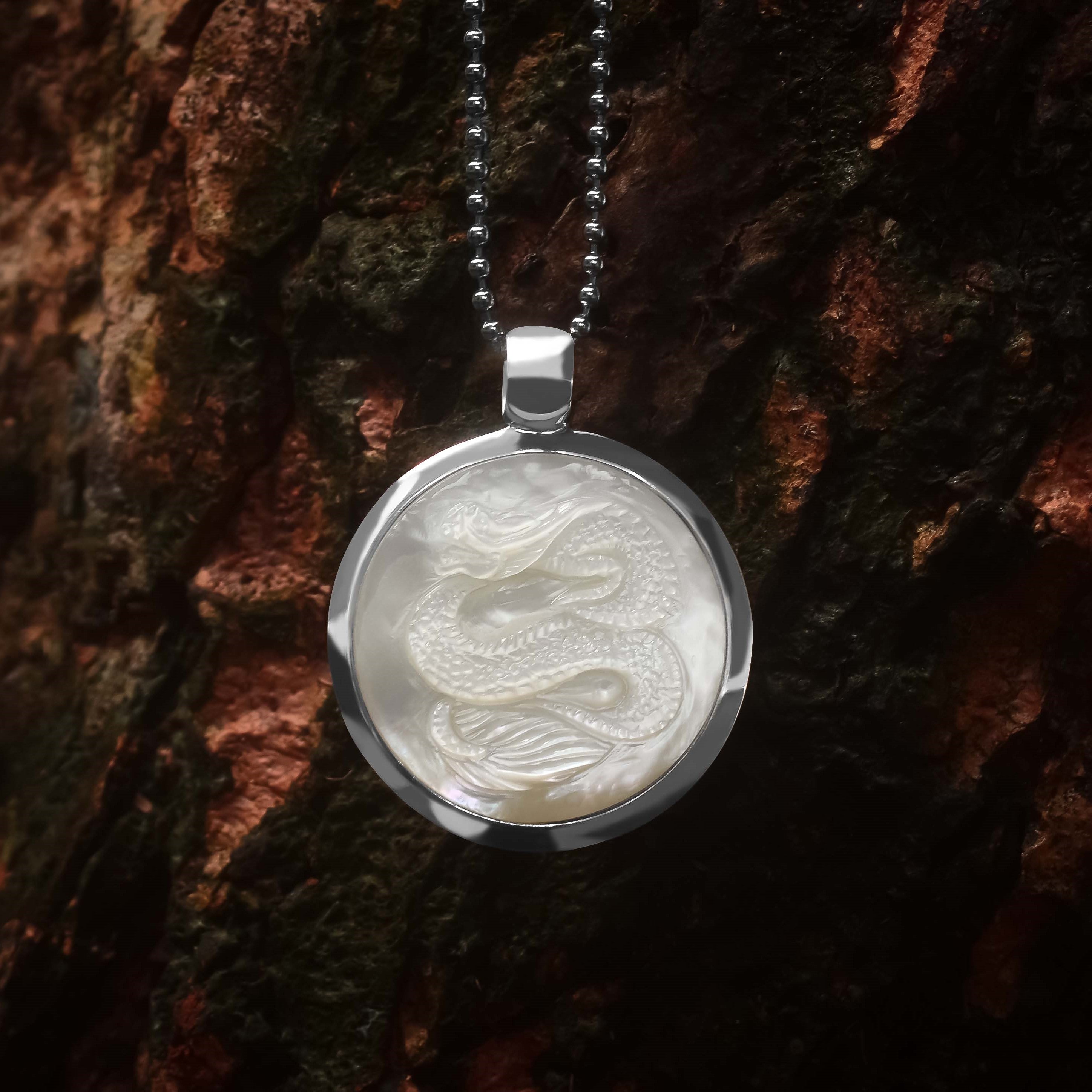 Starborn Mother of Pearl Carved Dragon 1.65" Medallion Style Pendant in Sterling Silver