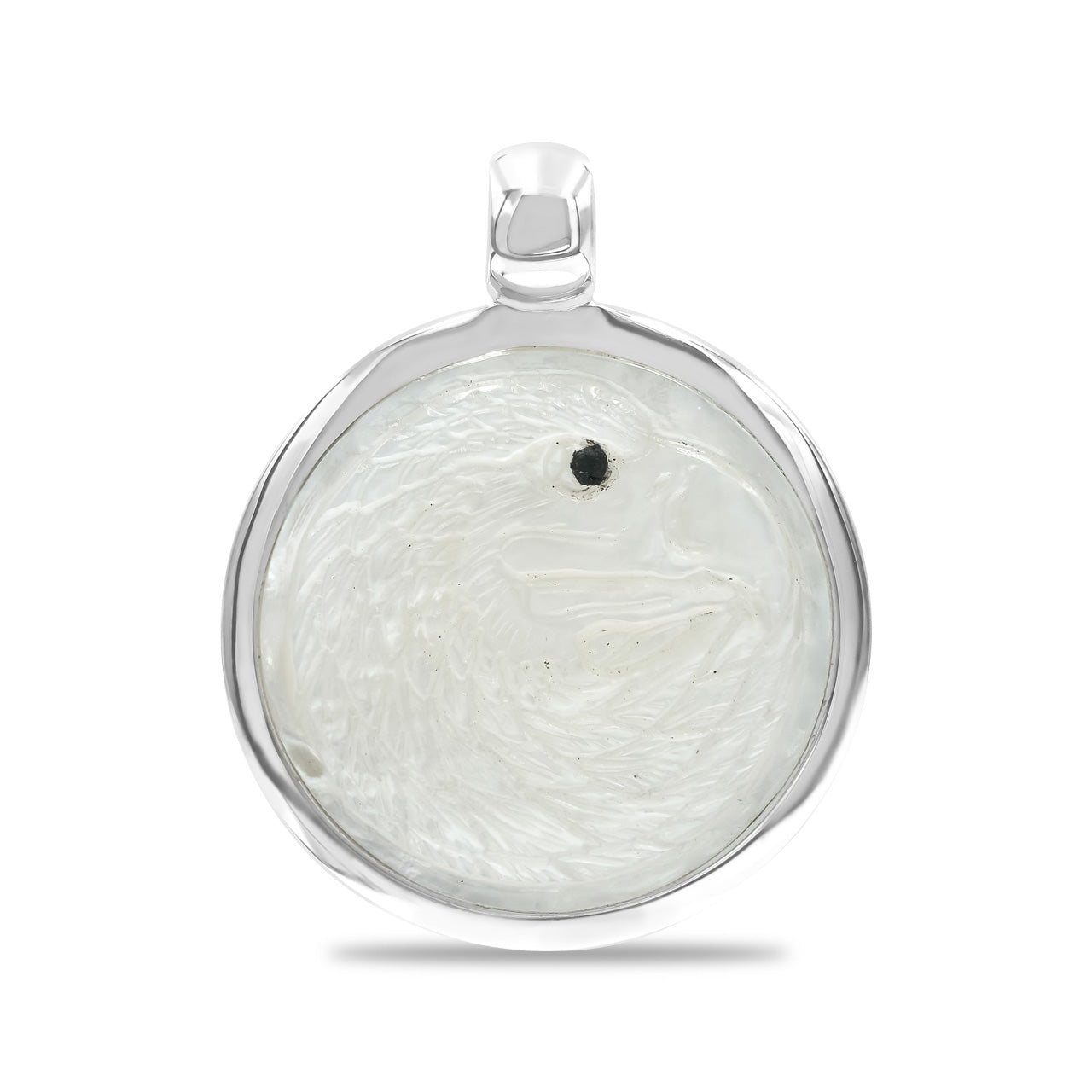 Starborn Mother of Pearl Carved Eagle Head Medallion Style Pendant in Sterling Silver