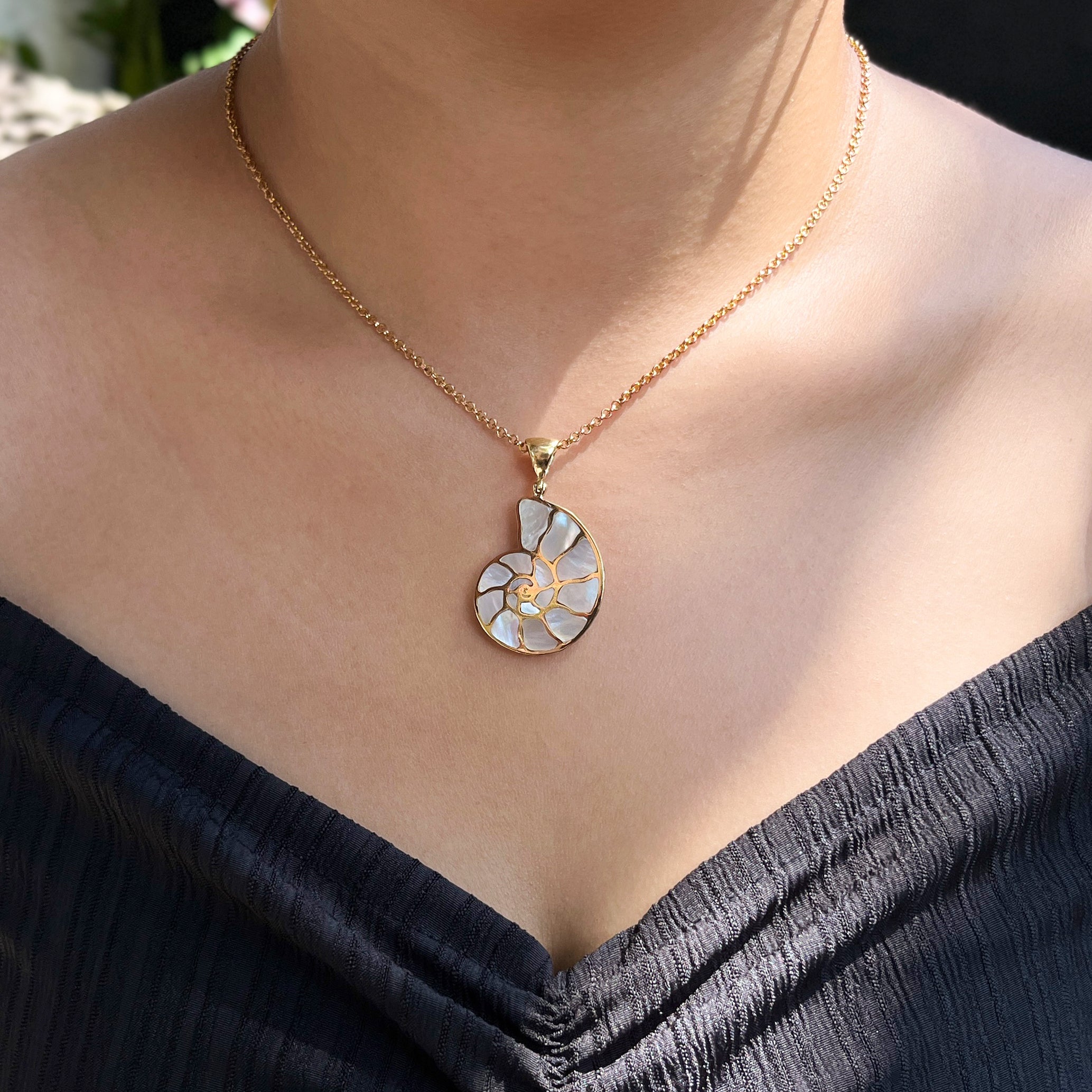 Starborn Mother of Pearl Inlay Nautilus Ammonite Pendant in Sterling Silver