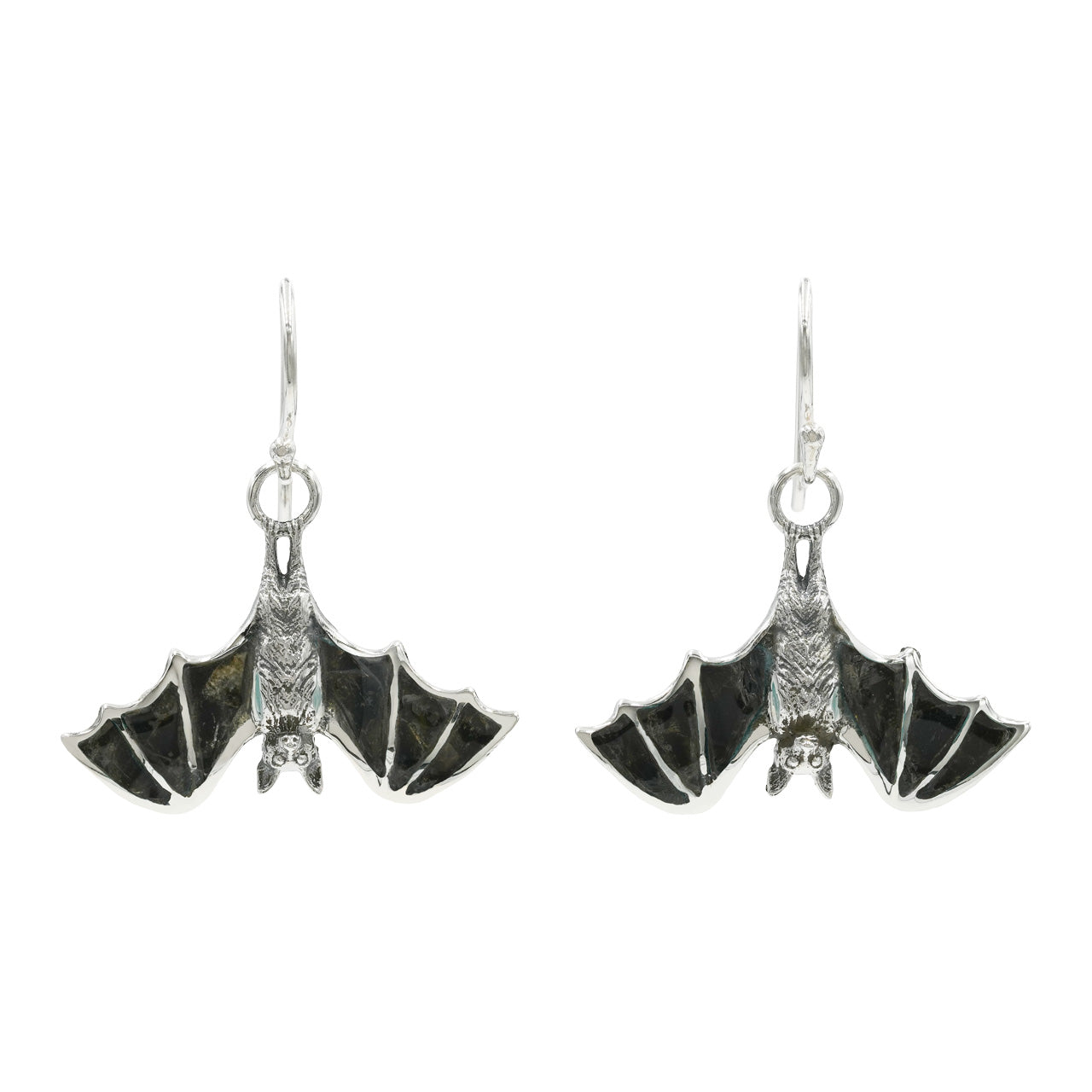 Starborn Black Muscovite Inlay Hanging Bat Dangle Earrings in Fine Sterling Silver