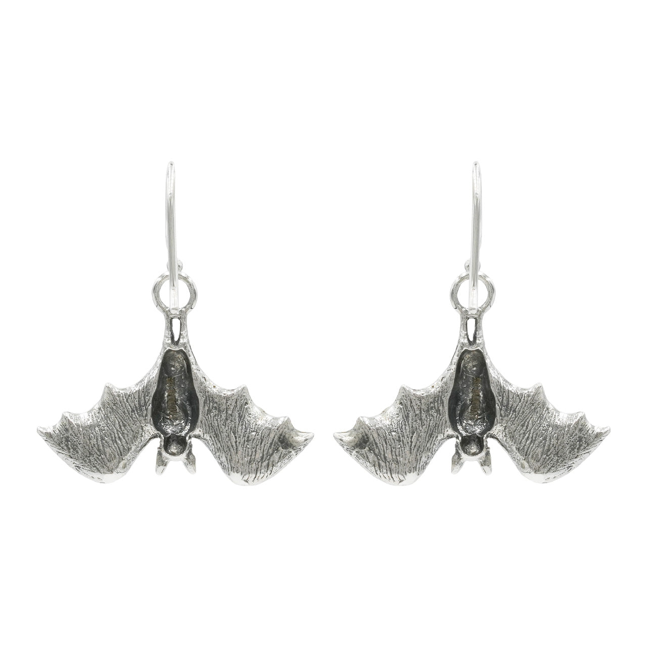 Starborn Black Muscovite Inlay Hanging Bat Dangle Earrings in Fine Sterling Silver