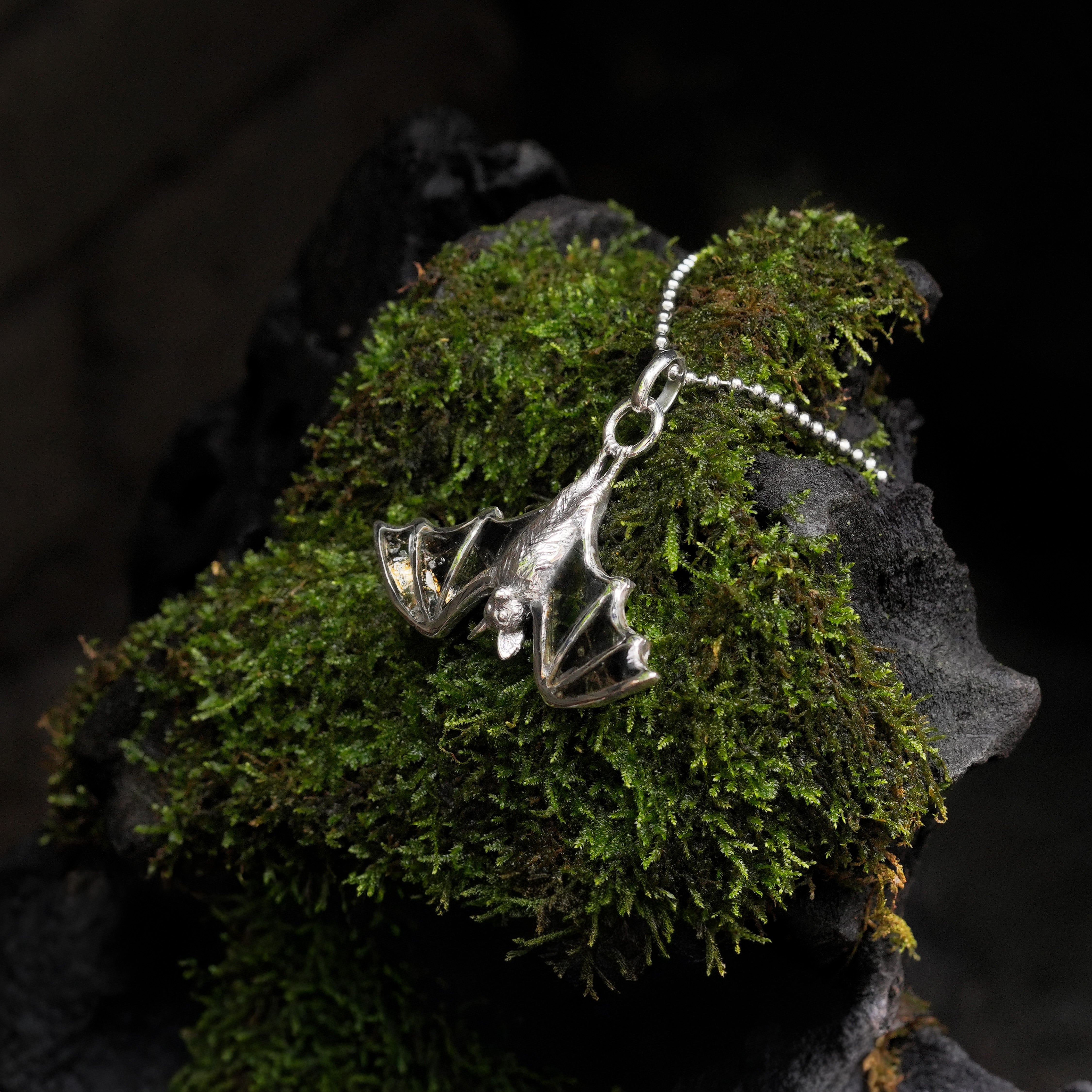 Starborn Black Muscovite Hanging Bat Pendant in Sterling Silver
