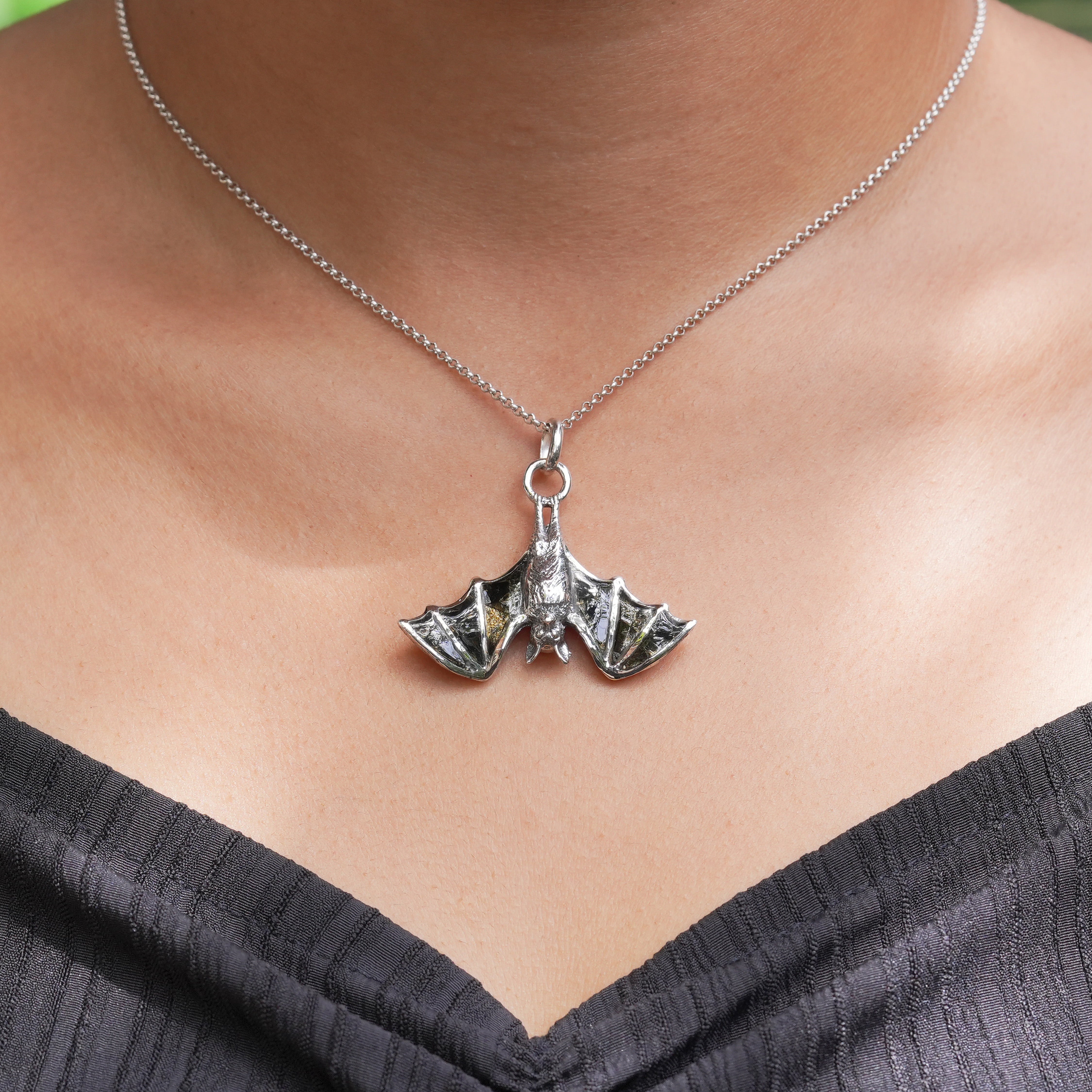 Starborn Black Muscovite Hanging Bat Pendant in Sterling Silver