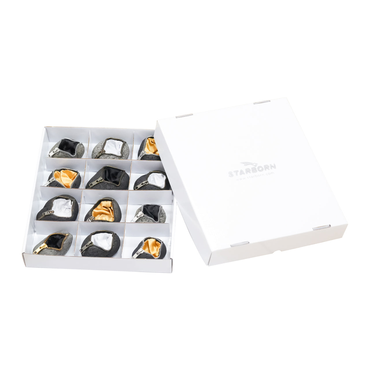 Zipper Rock Display with Black, White & Gold Lining Fabric