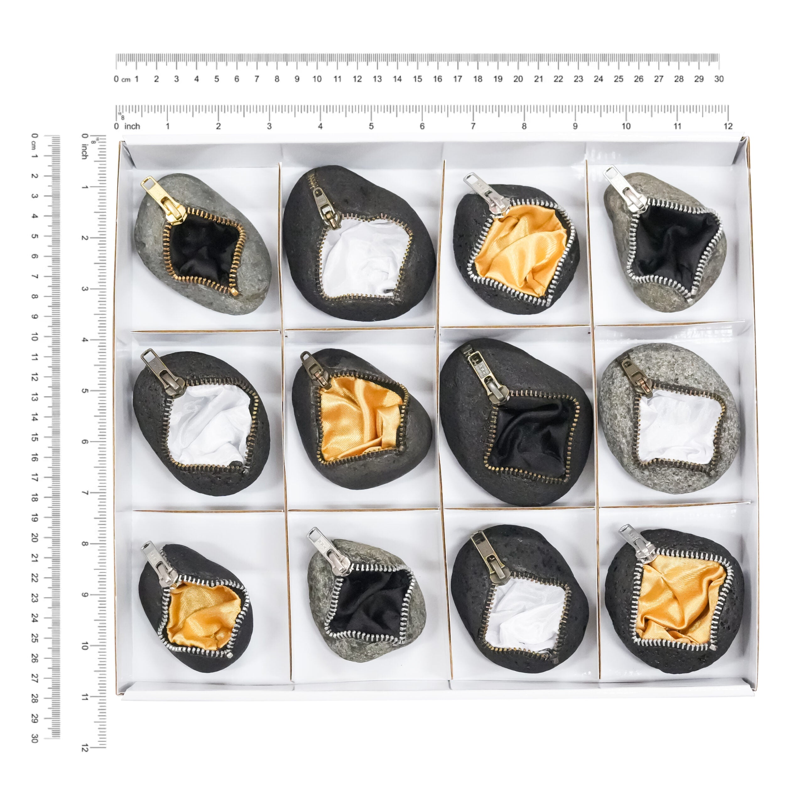 Zipper Rock Display with Black, White & Gold Lining Fabric