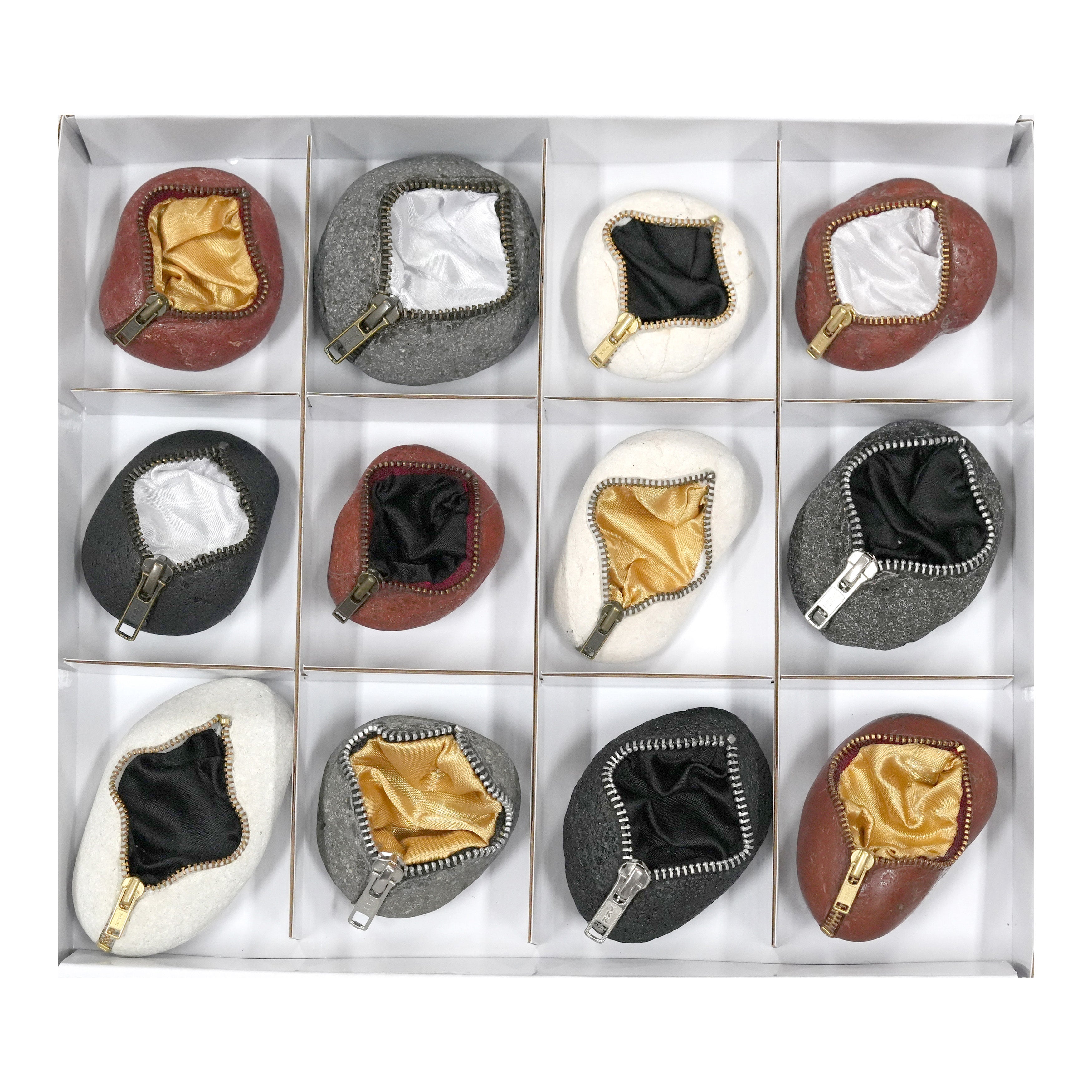 Starborn Zipper Rock Display with Black, White, & Gold Lining Fabric - 12 Pieces (Mixed)
