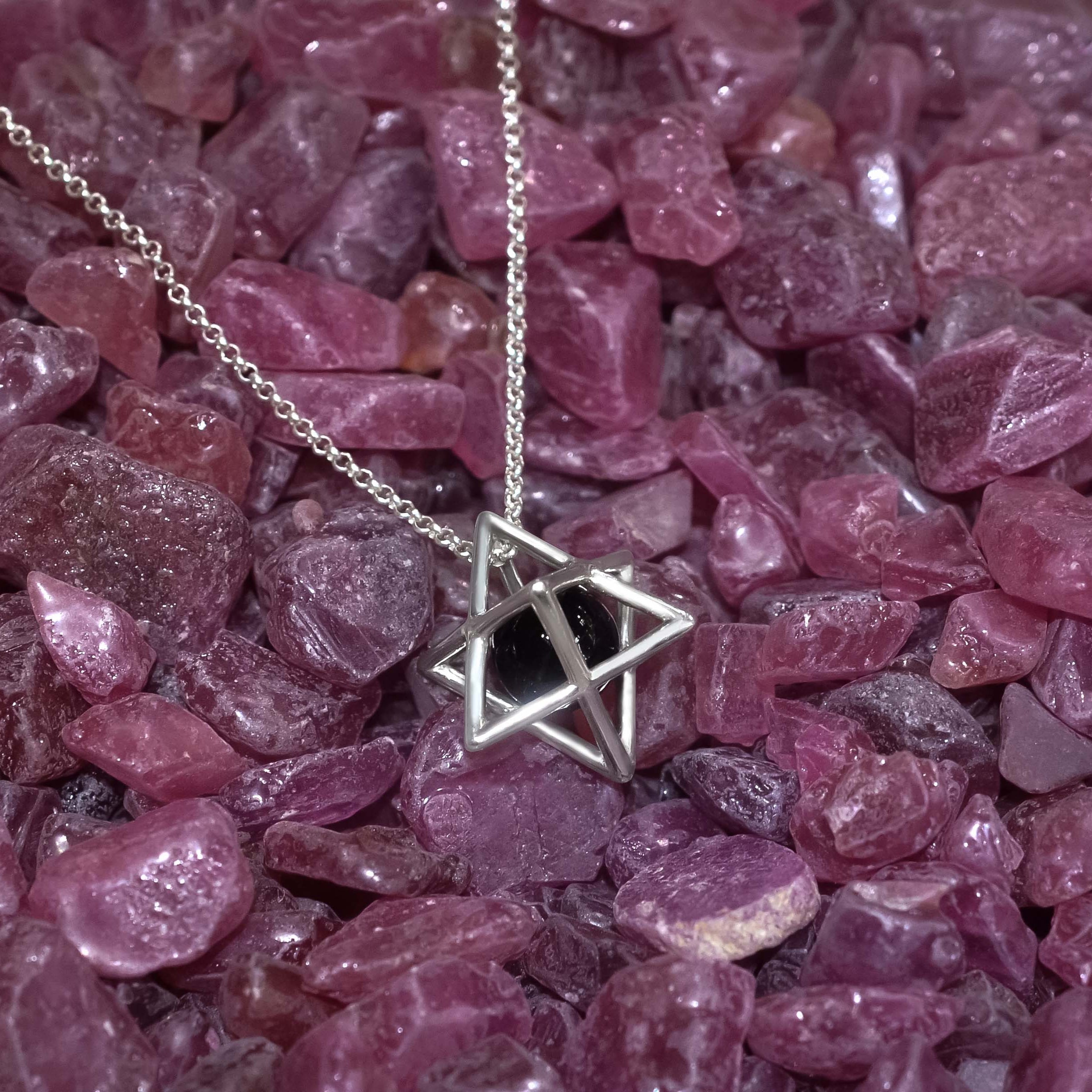 Starborn Merkabah Sterling Silver Cage Pendant and Chain with Nuummite Sphere