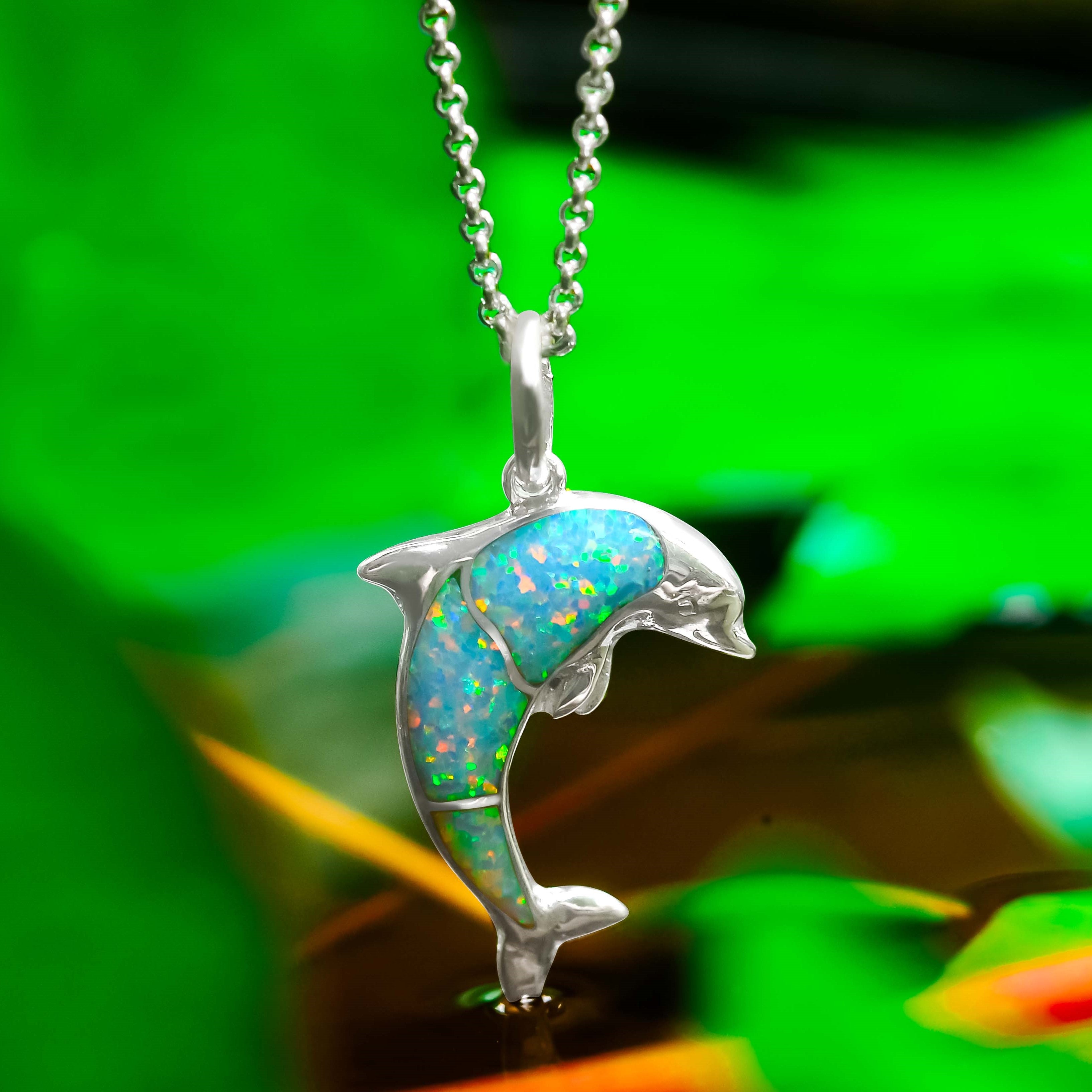 Starborn Gemstone Inlay Dolphin Pendant in Sterling Silver