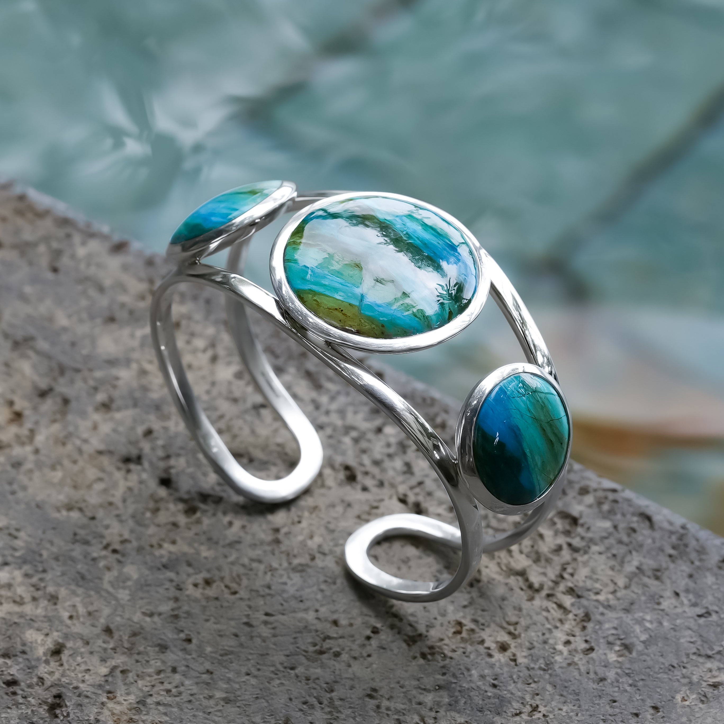 Starborn Cuff Bracelet Inlaid with Three Gemstones in Sterling Silver