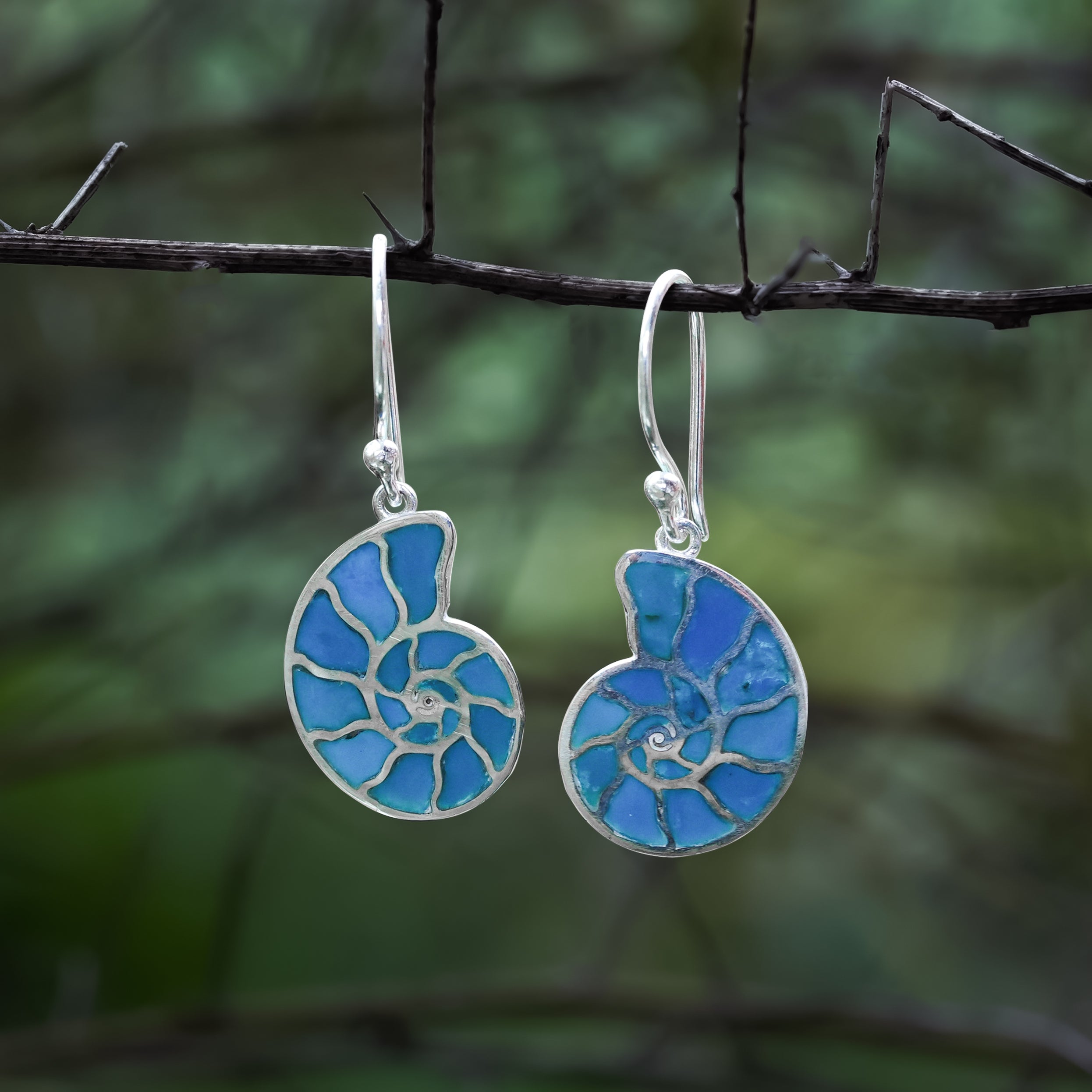 Starborn Nautilus Ammonite with Peruvian Blue Opal Inlay Earring in Sterling Silver
