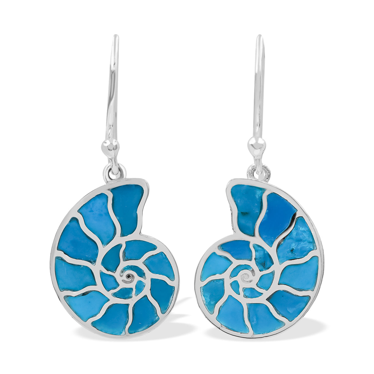 Starborn Nautilus Ammonite with Peruvian Blue Opal Inlay Earring in Sterling Silver