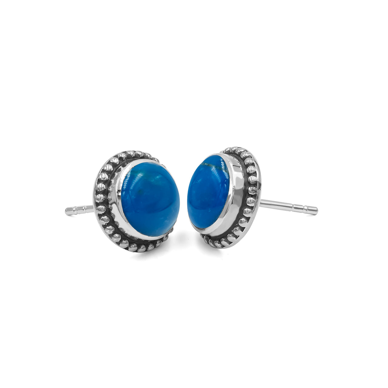 Starborn Peruvian Blue Opal 8mm Post Style Earrings with Balinese Silverwork in Sterling Silver