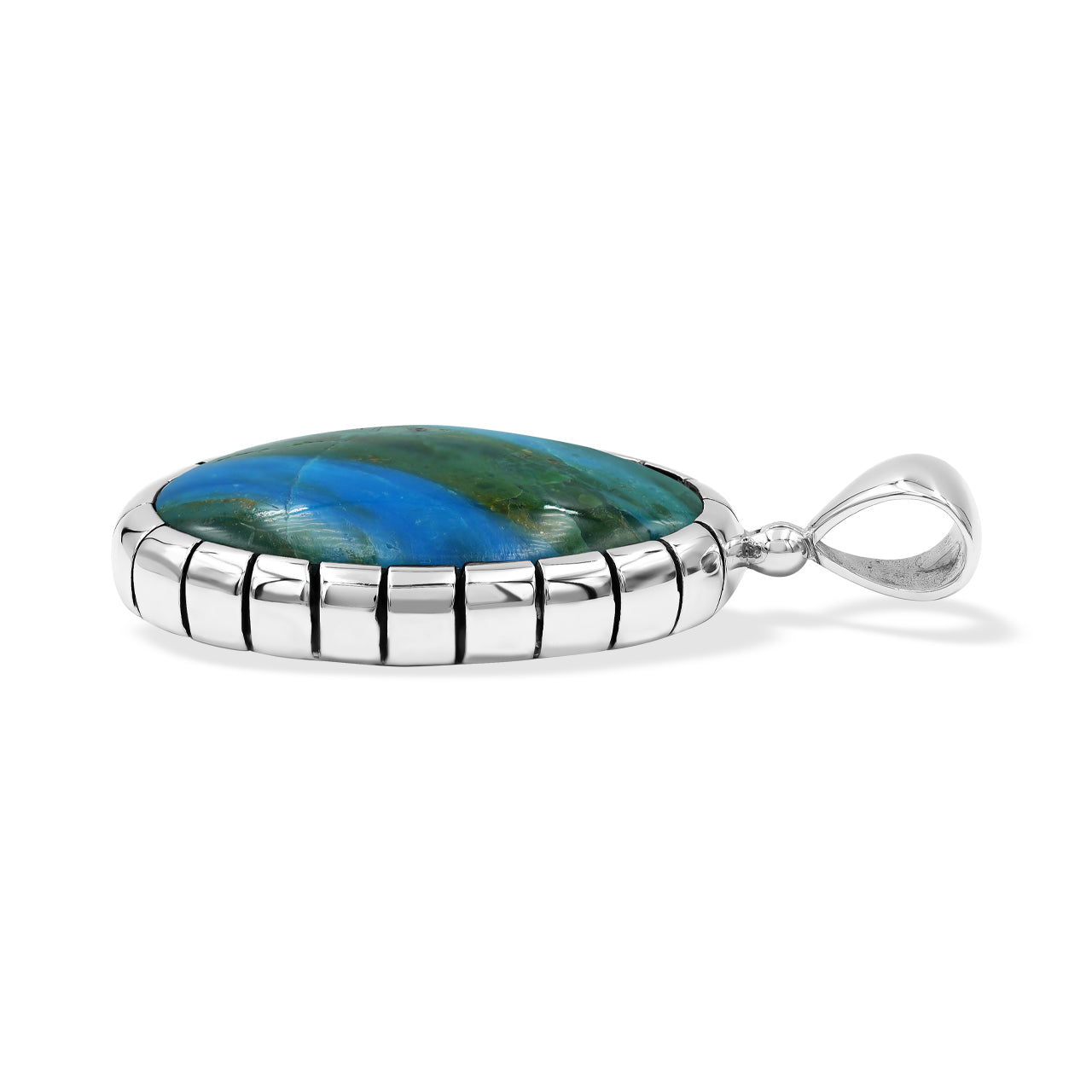 Starborn Peruvian Blue Opal Pendant Featuring Striped Accent Bezel in Sterling Silver