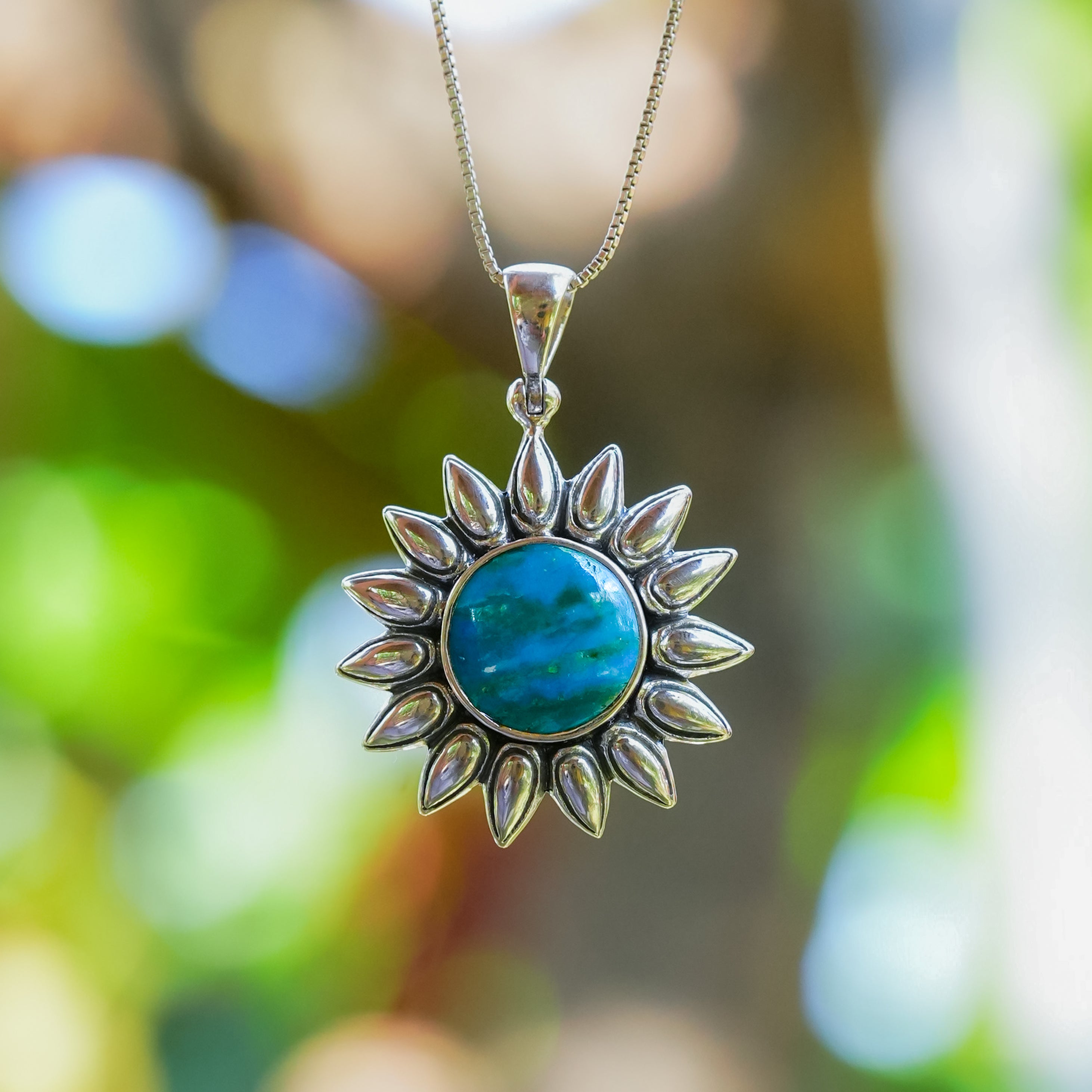 Starborn Peruvian Blue Opal Sunflower Pendant in Sterling Silver