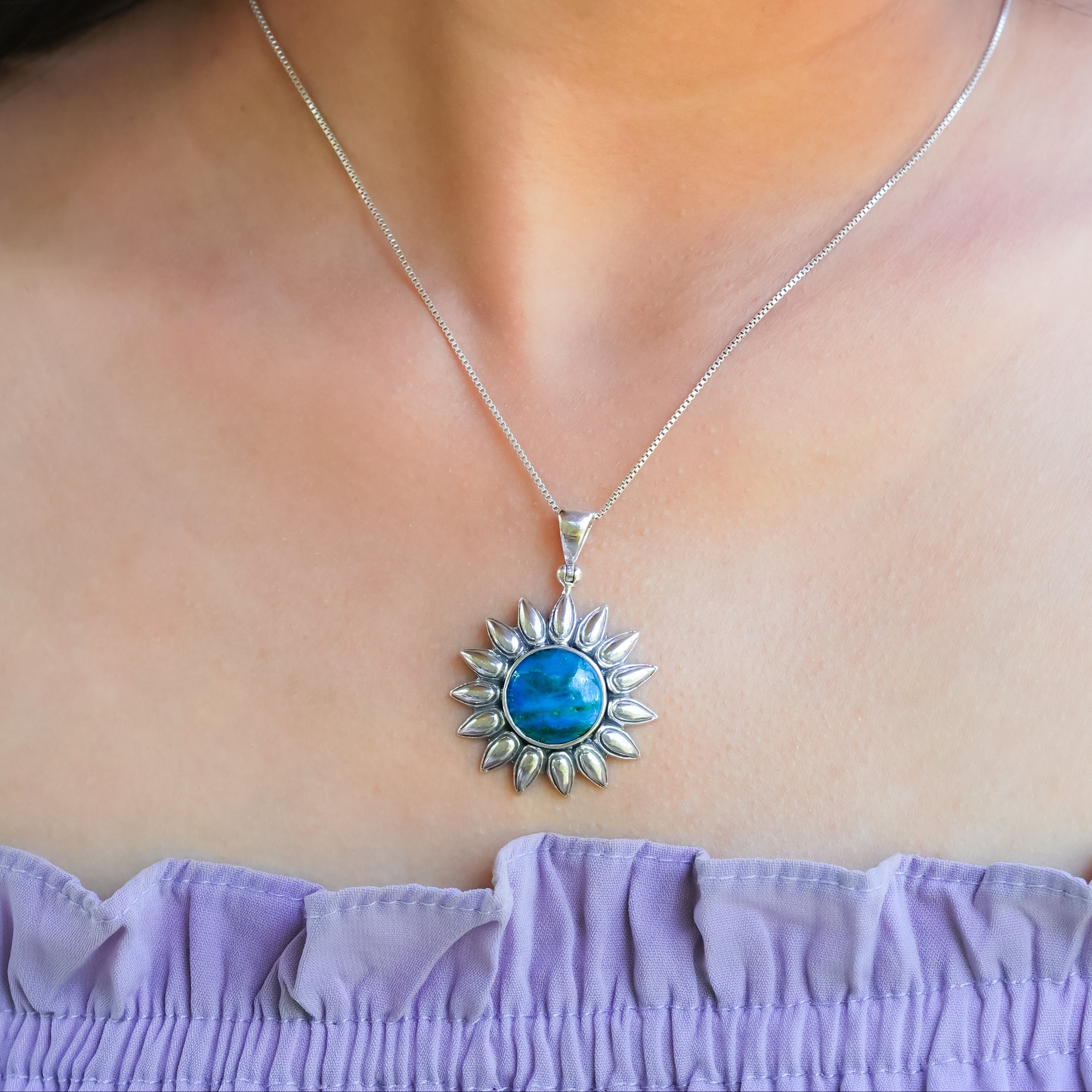 Starborn Peruvian Blue Opal Sunflower Pendant in Sterling Silver