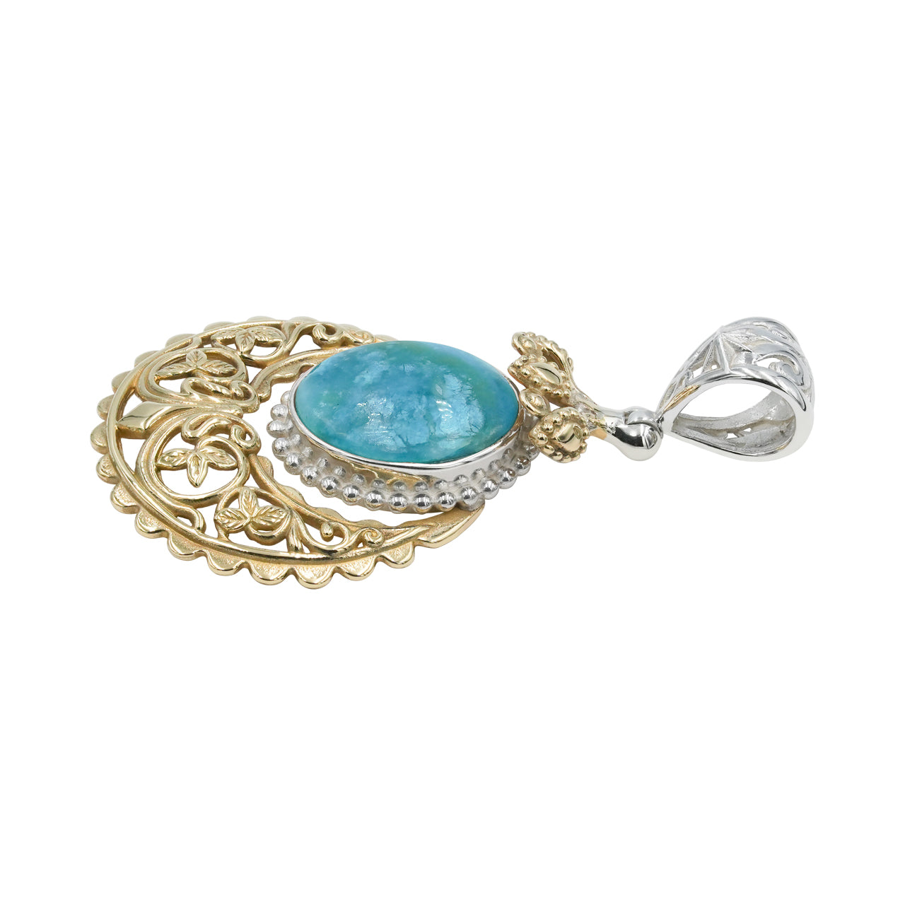 Starborn Peruanischer Blauer Opal Blumen-Filigran-Rollwerk-Anhänger in Sterlingsilber & Nordic Gold