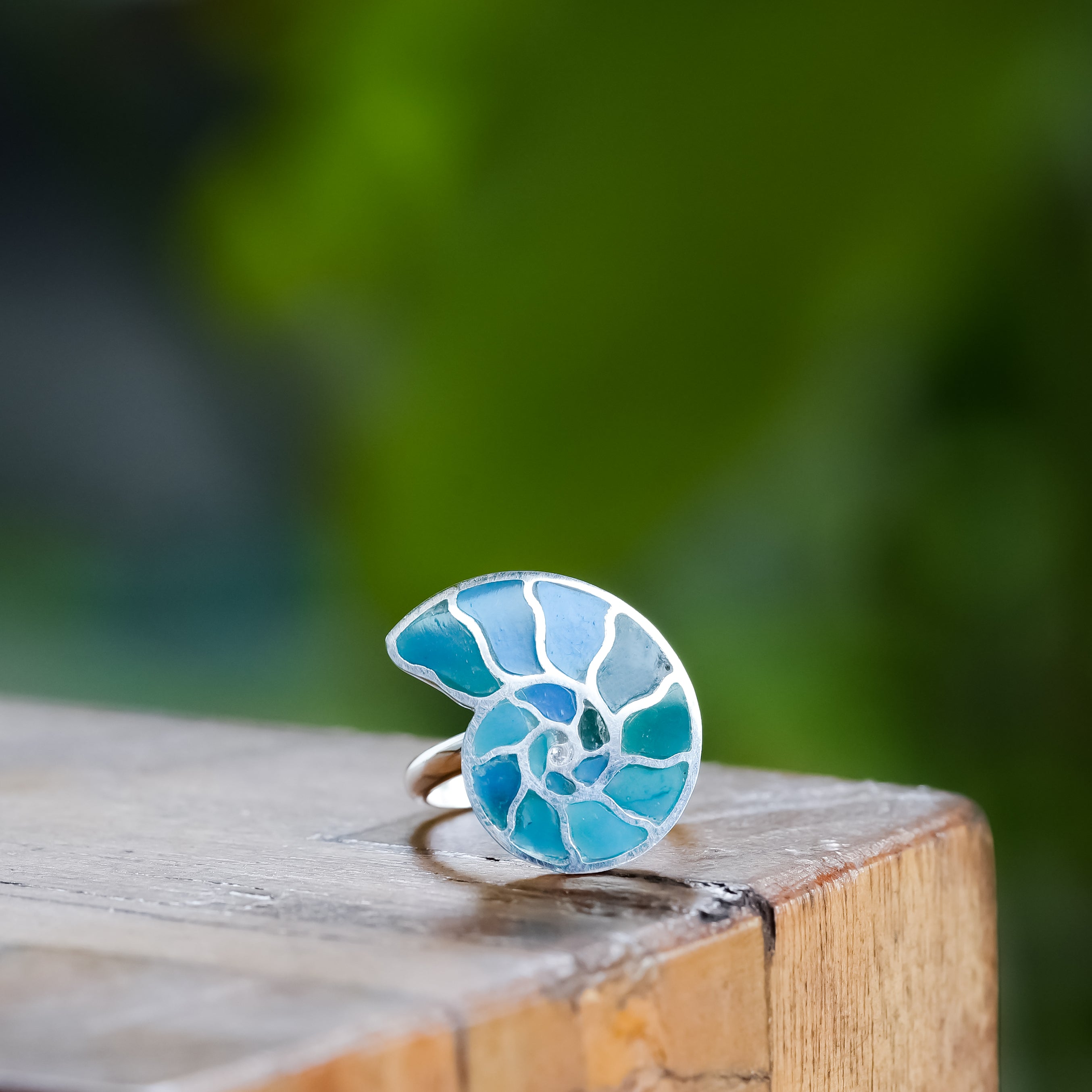 Starborn Ammonite Inlay Peruvian Blue Opal Ring in Sterling Silver
