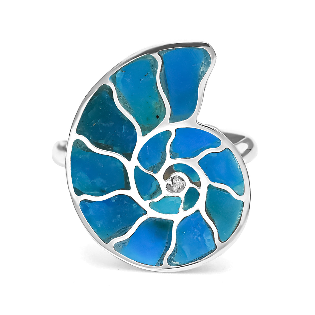 Starborn Ammonite Inlay Peruvian Blue Opal Ring in Sterling Silver