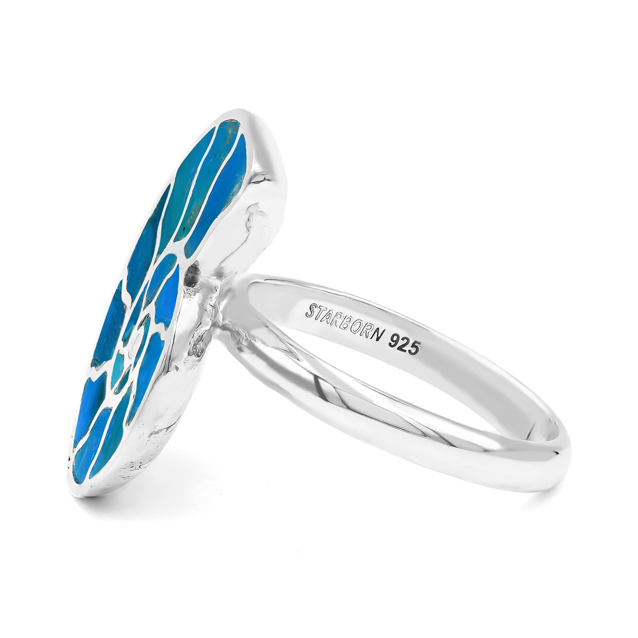 Starborn Ammonite Inlay Peruvian Blue Opal Ring in Sterling Silver