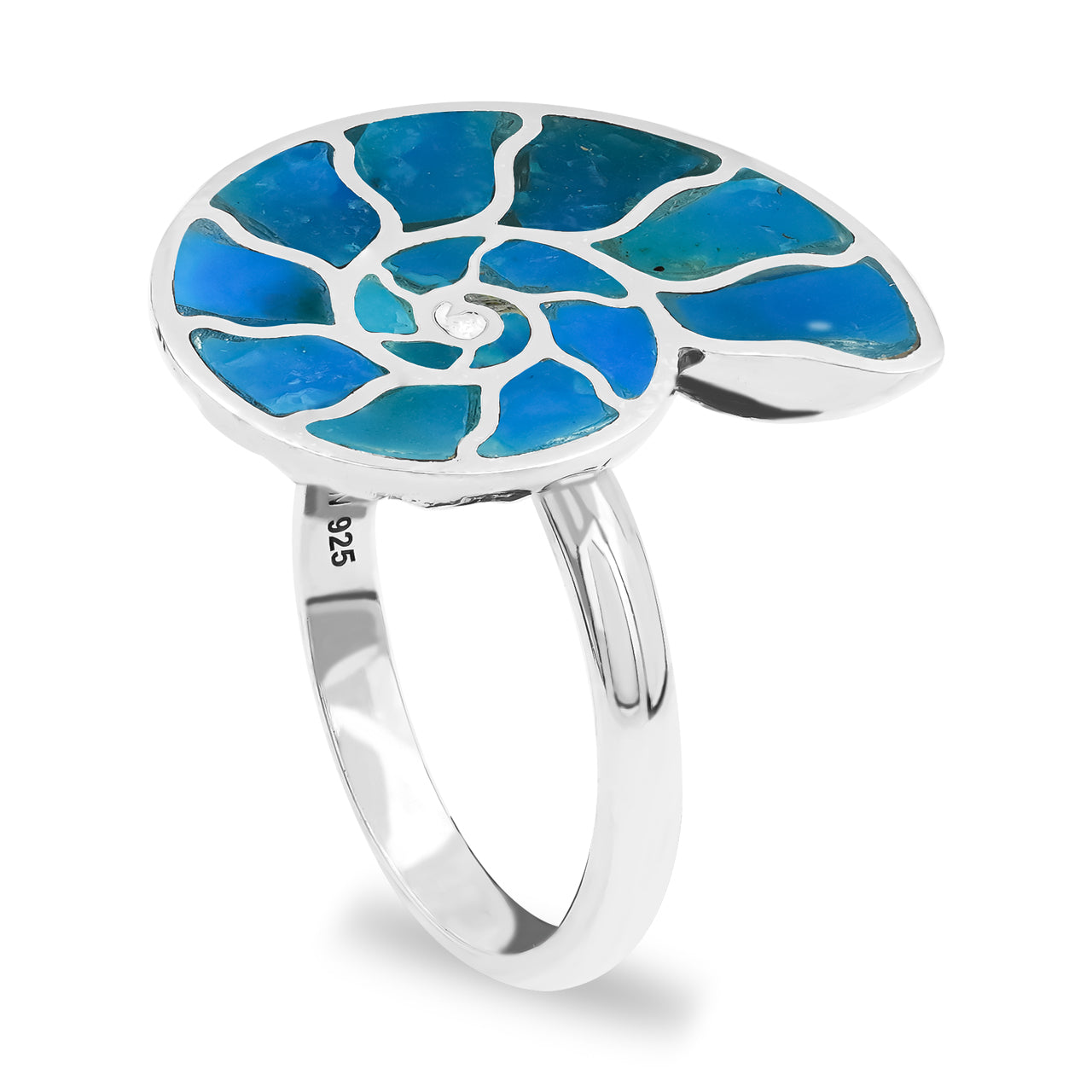 Starborn Ammonite Inlay Peruvian Blue Opal Ring in Sterling Silver