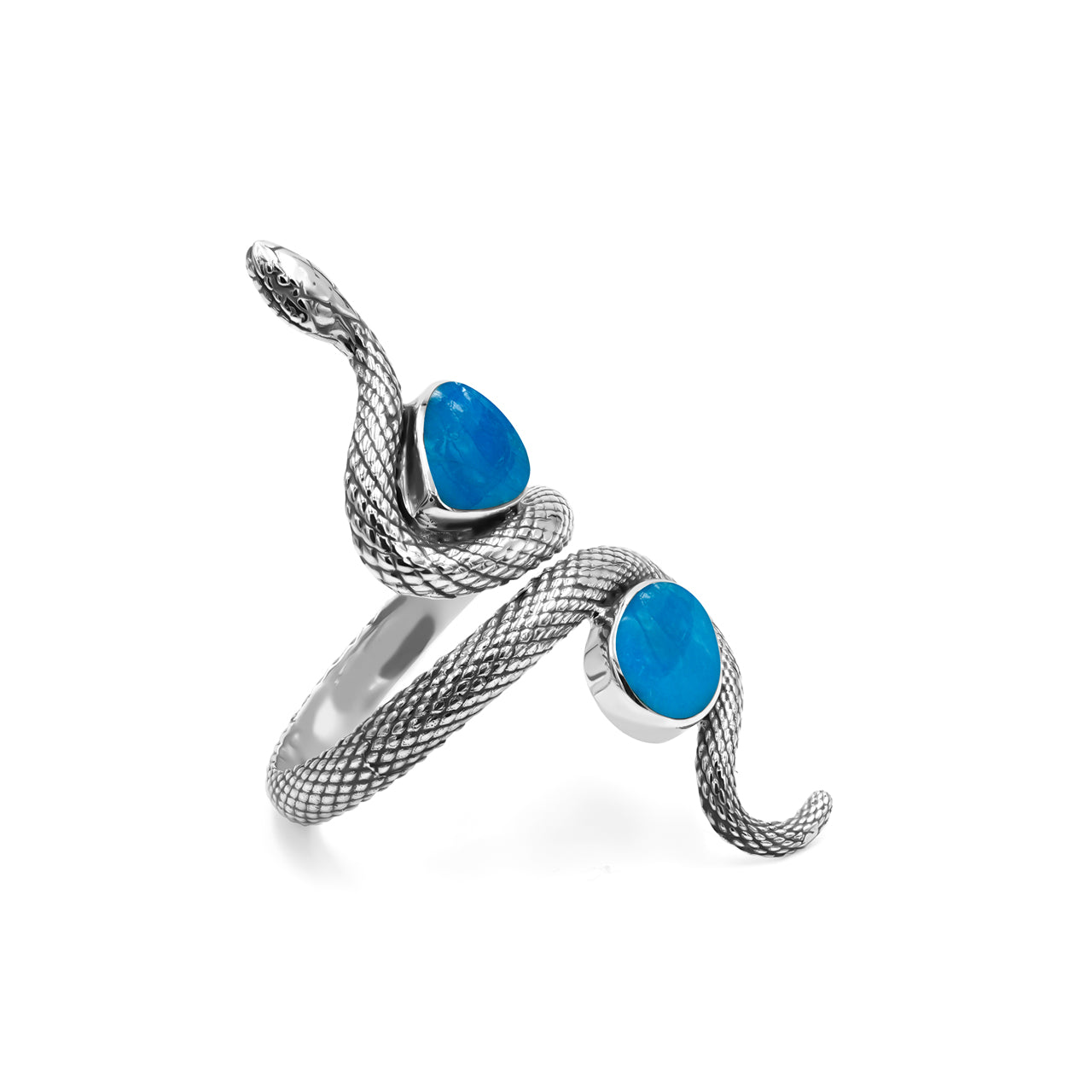 Starborn Colied Snake Ring with Dual Peruvian Blue Opal in Sterling Silver