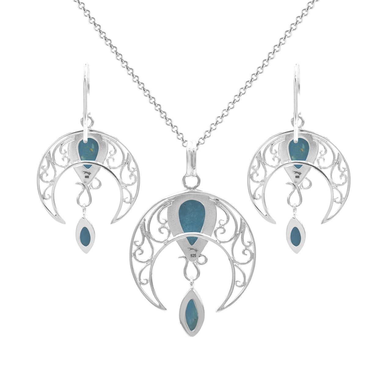 Starborn Peruvian Blue Opal Celestial Pendant and Earring Set in Sterling Silver