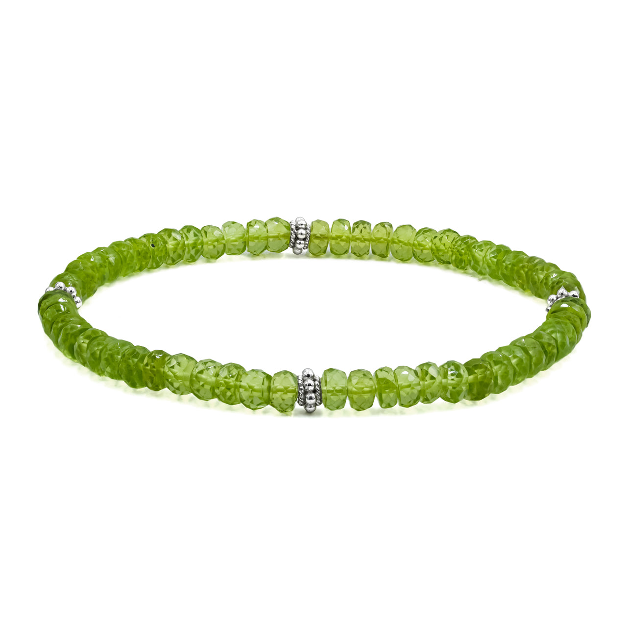 Starborn Peridot Rondelle Faceted Bead Bracelet with 4 Silver Beads Accents