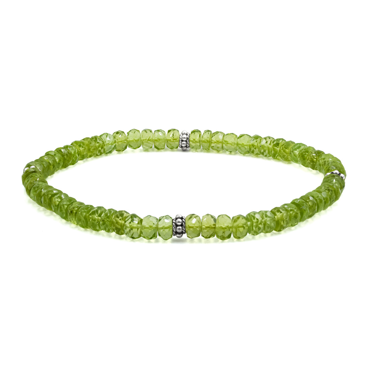 Starborn Peridot Rondelle Faceted Bead Bracelet with 4 Silver Beads Accents