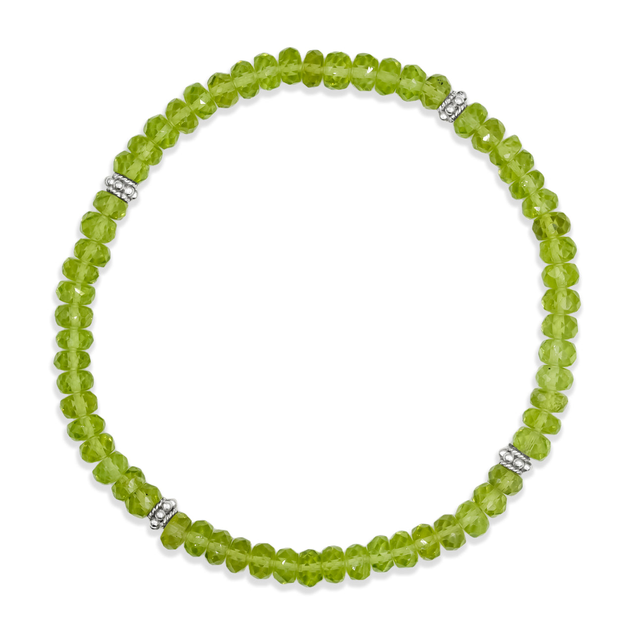 Starborn Peridot Rondelle Faceted Bead Bracelet with 4 Silver Beads Accents