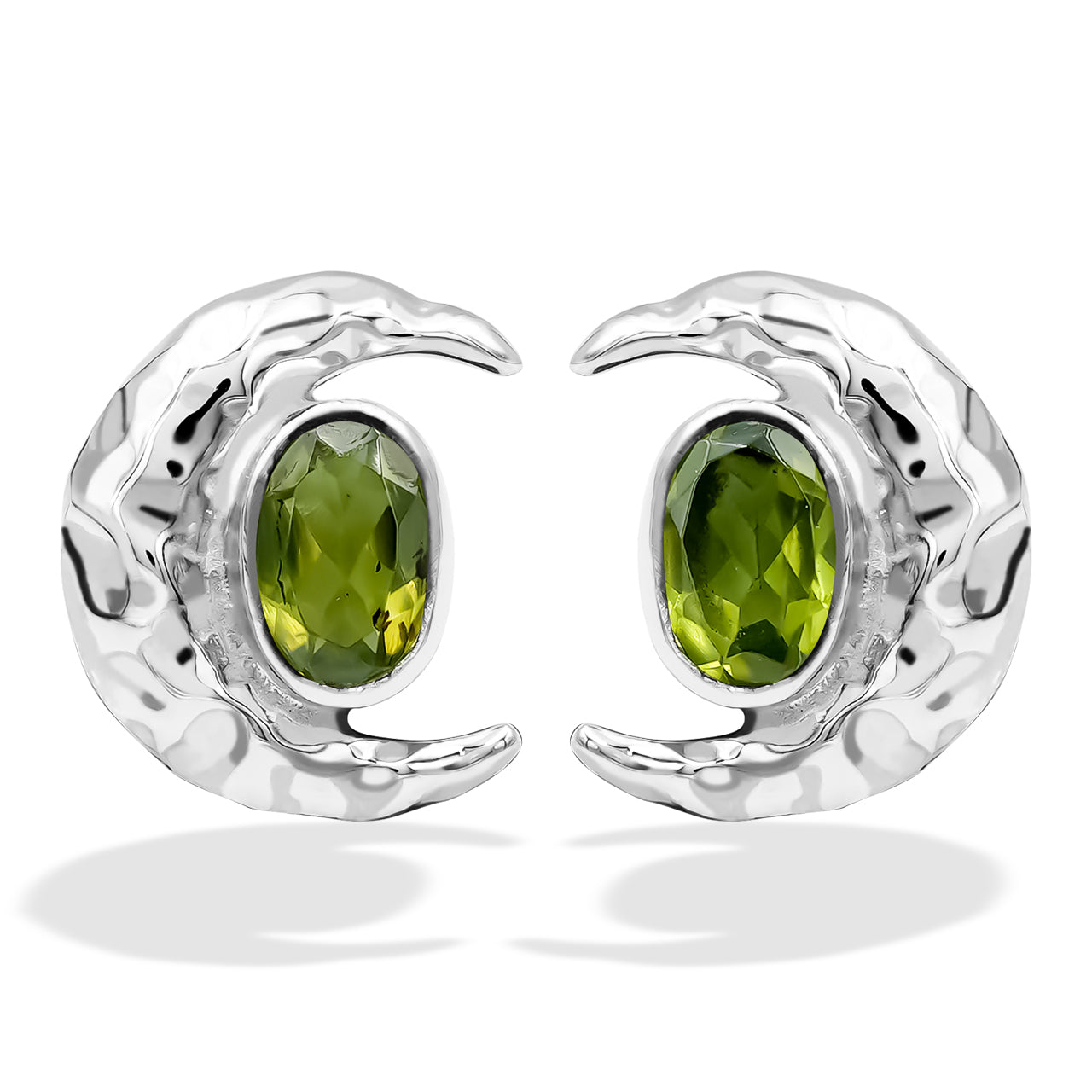 Starborn Faceted Oval Peridot Post Earrings with Hammered Crescent Moon Accent in Sterling Silver