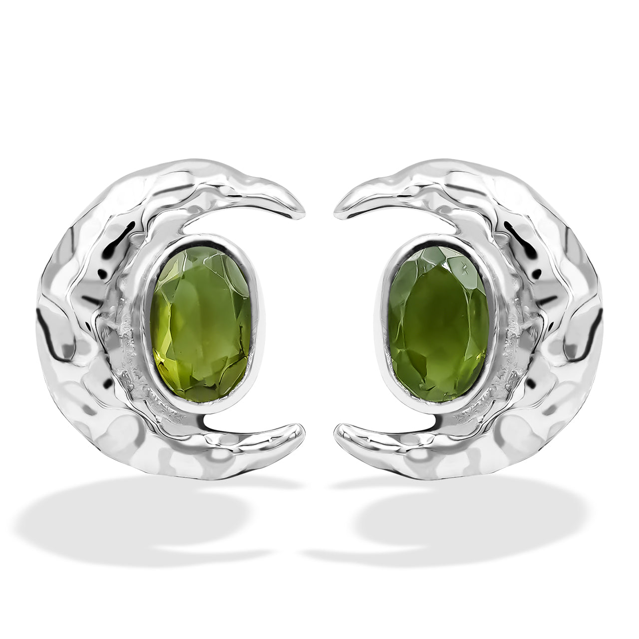 Starborn Faceted Oval Peridot Post Earrings with Hammered Crescent Moon Accent in Sterling Silver