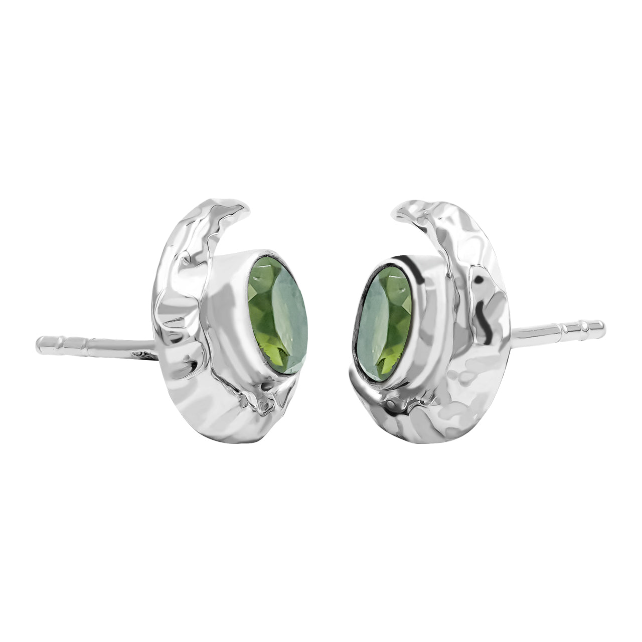 Starborn Faceted Oval Peridot Post Earrings with Hammered Crescent Moon Accent in Sterling Silver