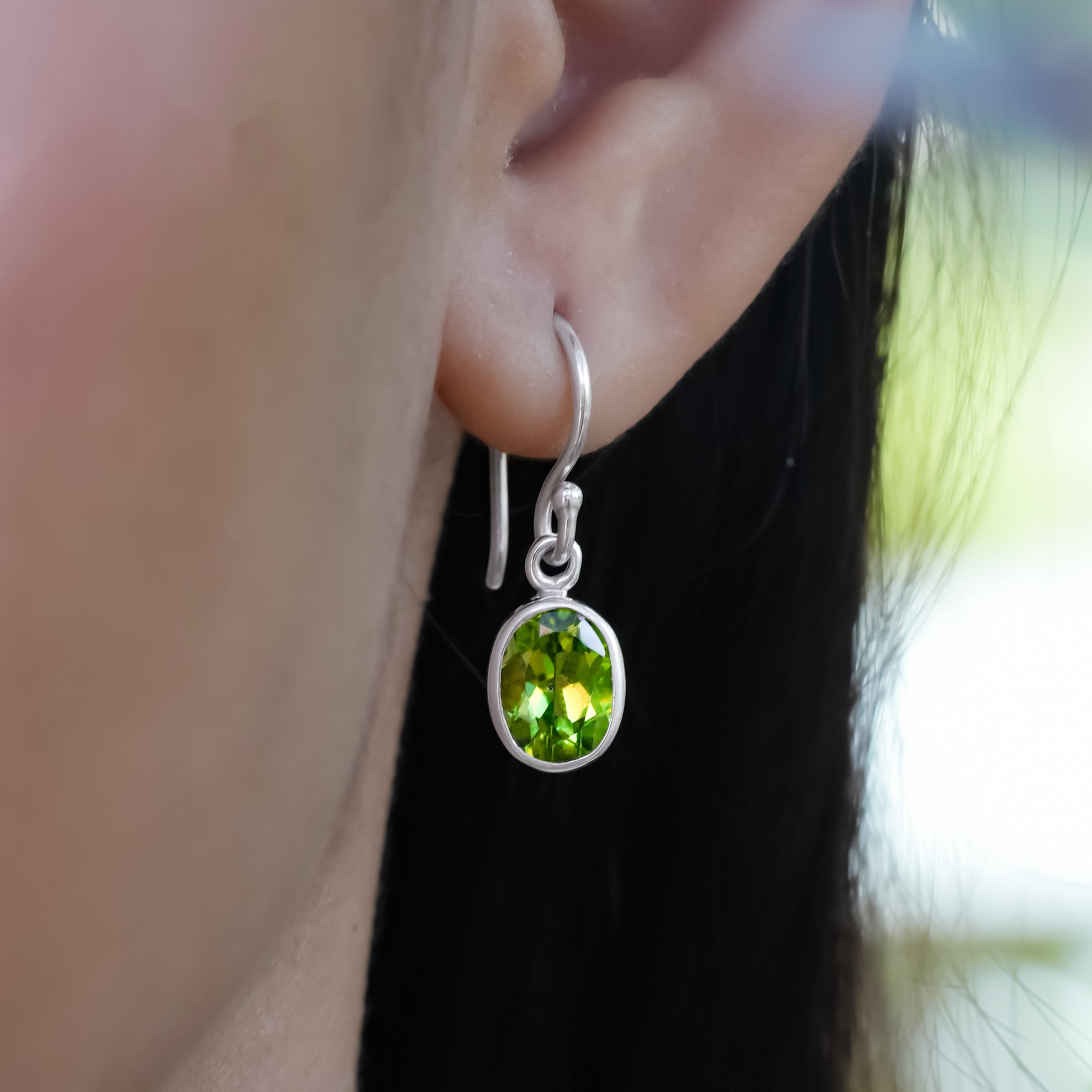 Starborn Peridot Oval Faceted Dangle Earrings in Sterling Silver