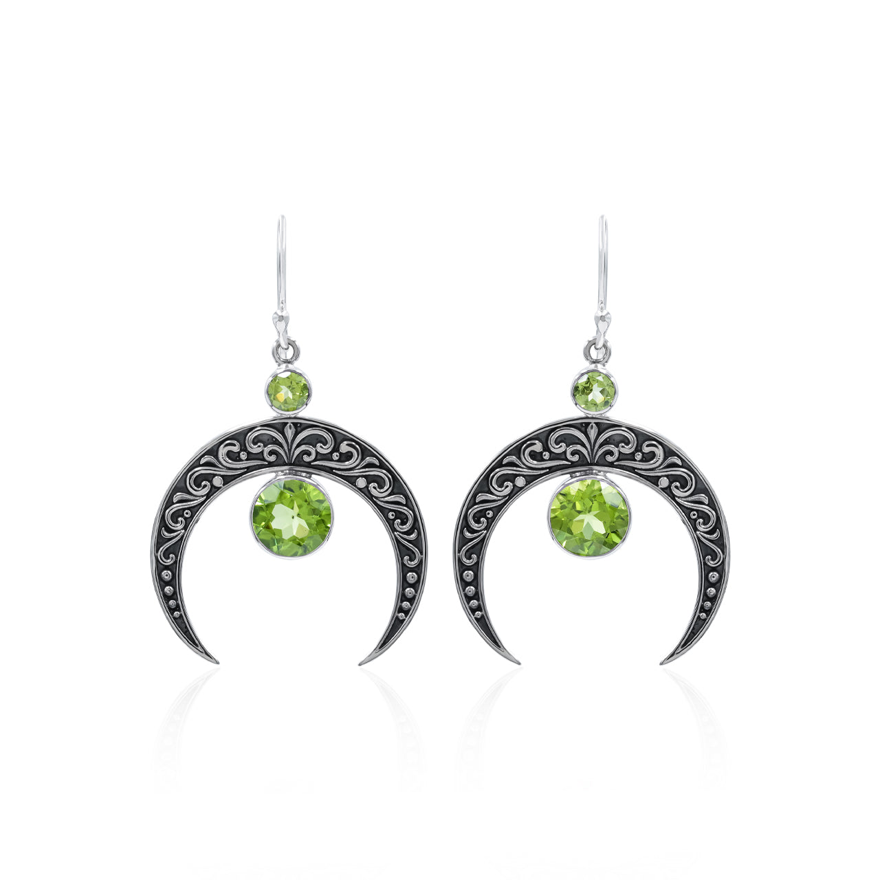 Starborn Crescent Moon Filigree with Round Faceted Gemstone Dangle Earrings in Sterling Silver